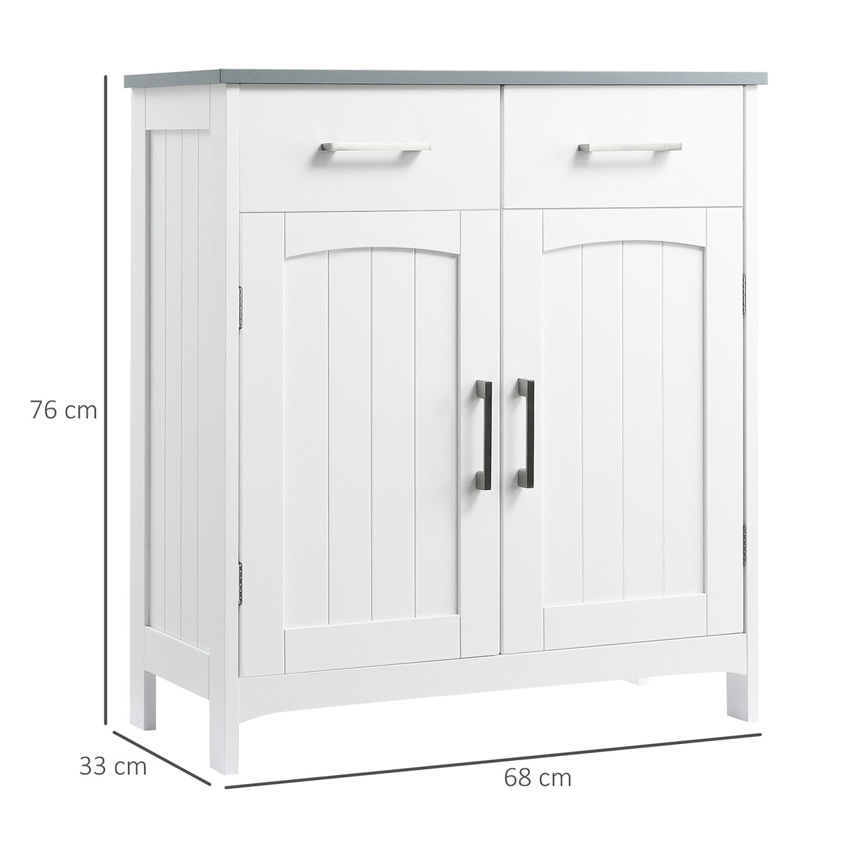 White bathroom cabinet with two drawers, double doors, and dimensions of 68 x 33 x 76 cm
