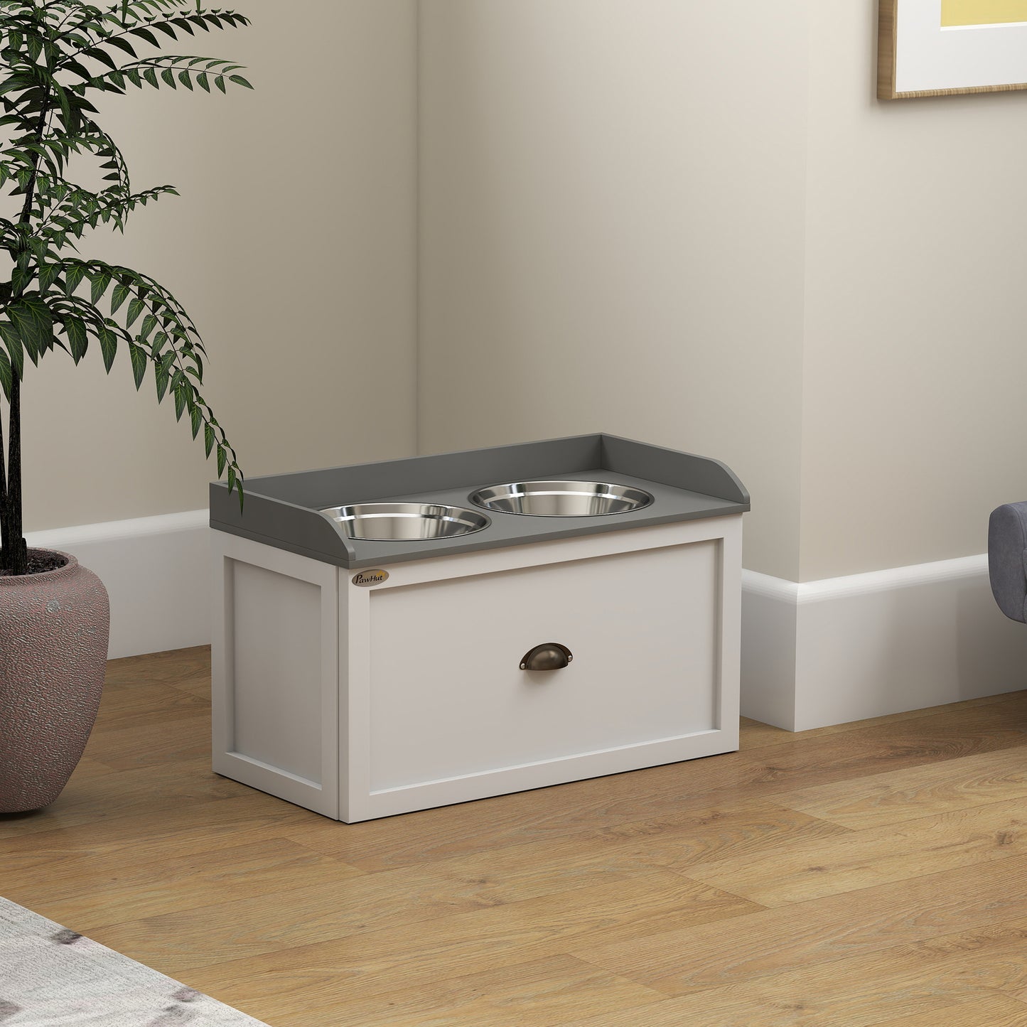 PawHut Stainless Steel Raised Dog Bowls, with 21L Storage Drawer for Large Dogs and Cats - White