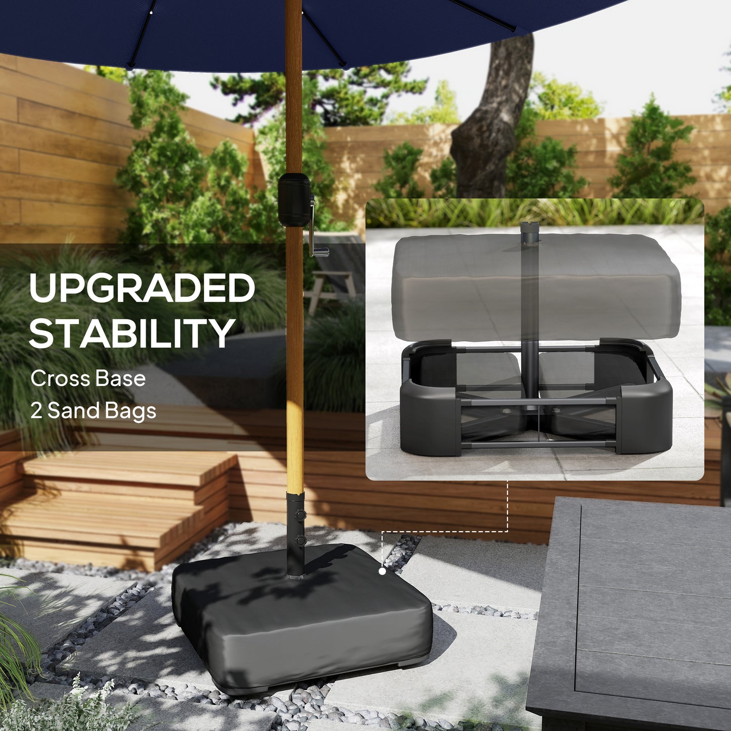 Outsunny Double Sided Garden Parasol with Base Included & 48 Solar LED Lights Patio Umbrella Crank Handle 4.6m Dark Blue