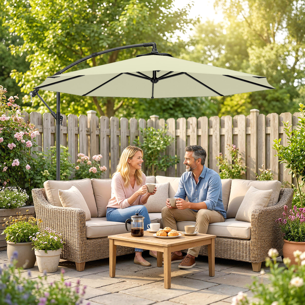 Outsunny 3m Overhanging Cantilever Parasol, with Cross Base - Beige
