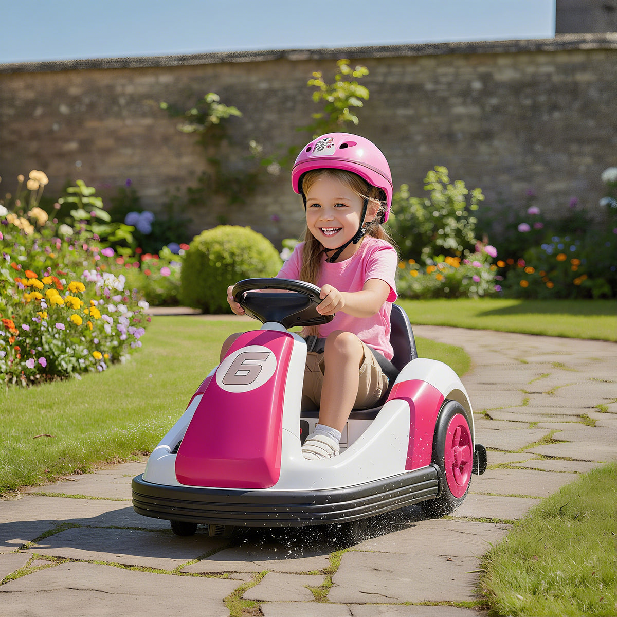 AIYAPLAY Kids Bumper Car with 360-Degree Rotation, 6V Electric Ride On Car with Music and Horn for 3-8 Years Old, Pink