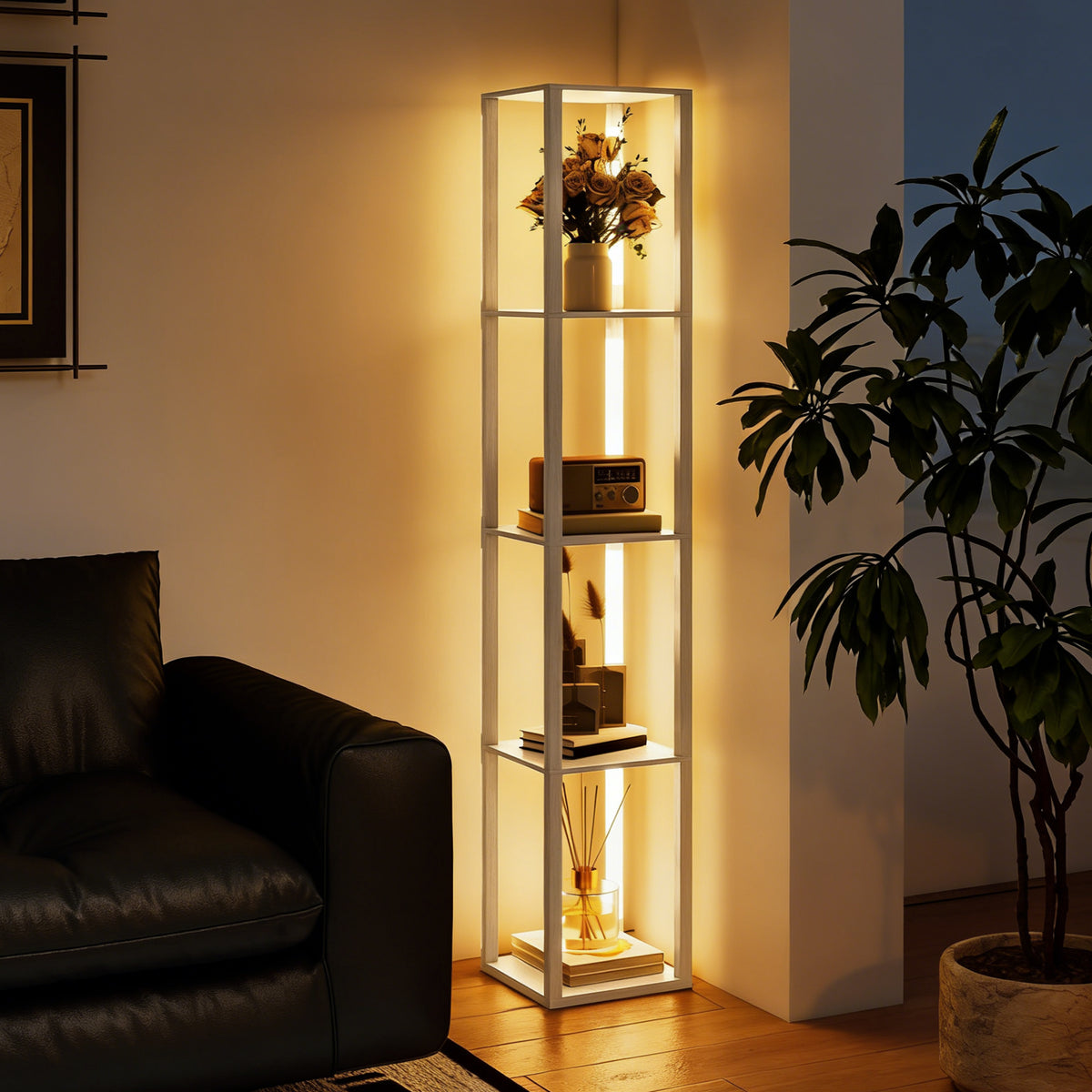 HOMCOM Floor Lamp with Shelves and 3 Brightness Levels - Oak