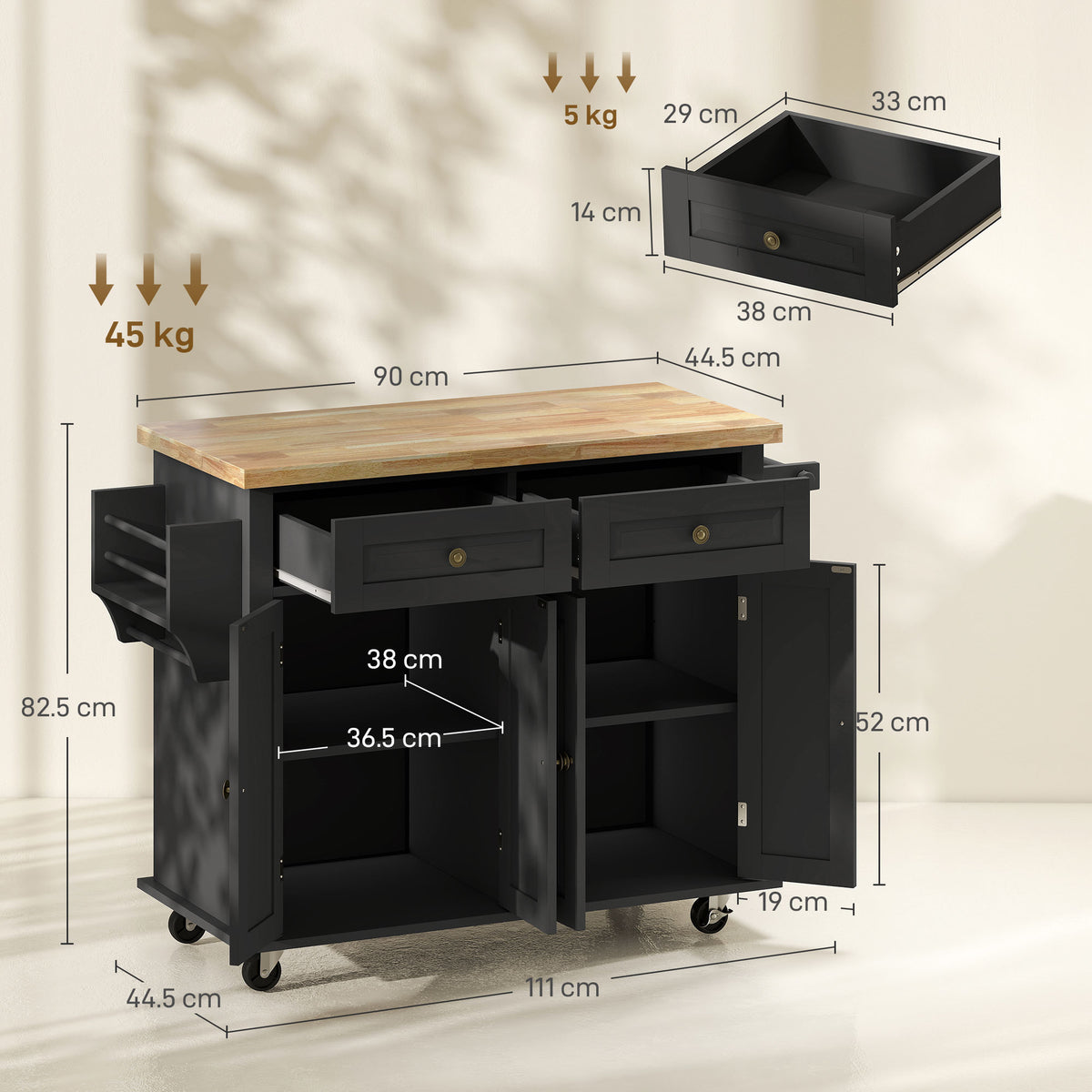 Black rolling kitchen island with open drawers and cabinets, shown with dimensions