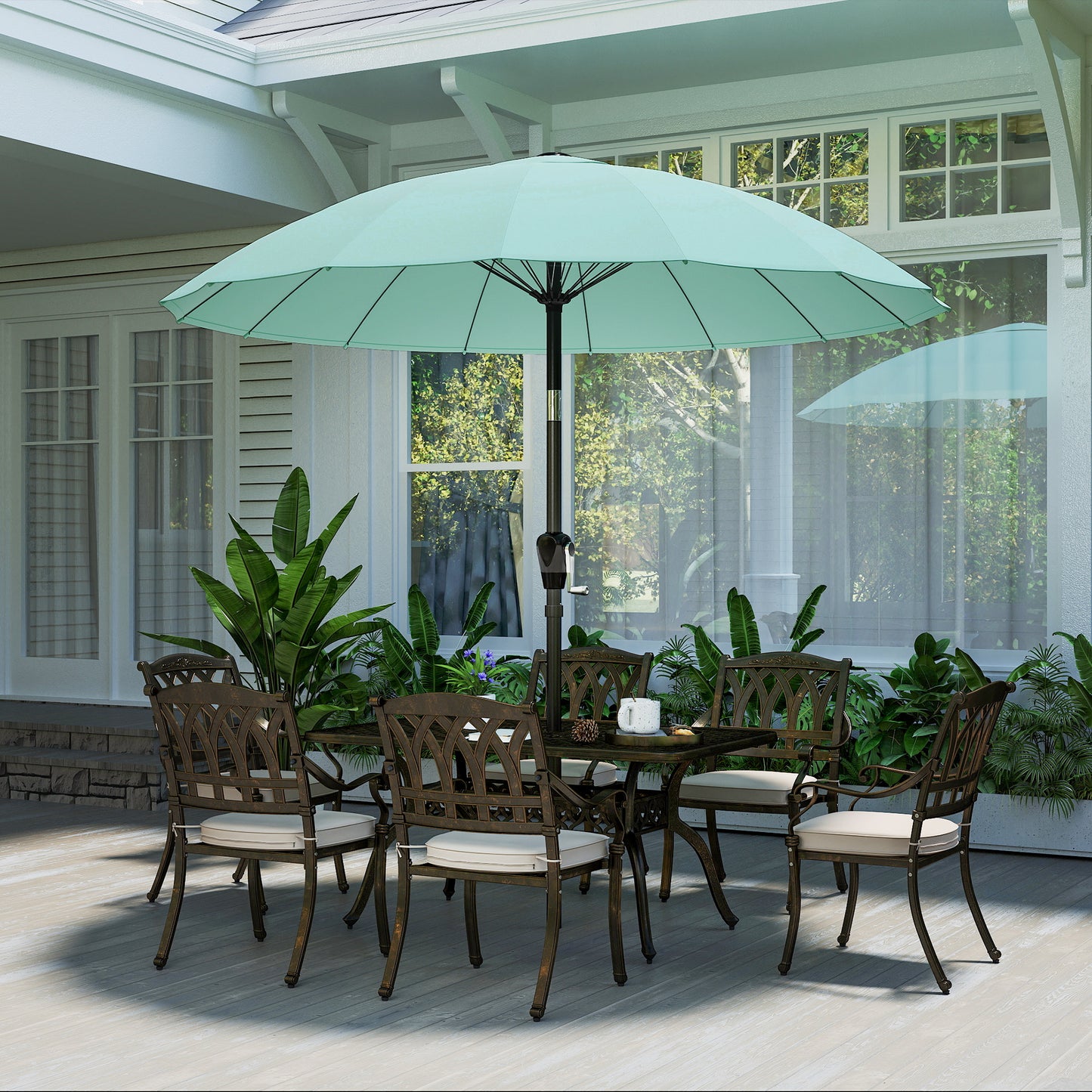 Outsunny 2 m Shanghai Garden Parasol Umbrella with 16 Fibreglass Ribs, Outdoor Parasol Sun Shade with Crank & Tilt, Turquoise