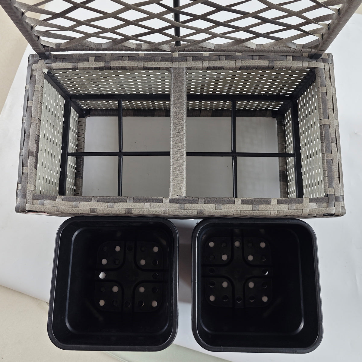 Outsunny 22 L Rattan Planter with Trellis, Freestanding Raised Beds for Garden with Two Plant Boxes, Outdoor Planter for Climbing Plants, Flowers, 57 x 30 x 107 cm, Mixed Grey