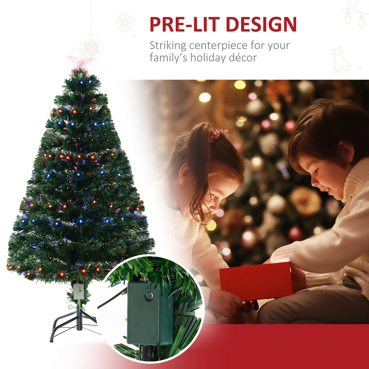 Green artificial Christmas tree with multicolored lights and a close-up of its control box