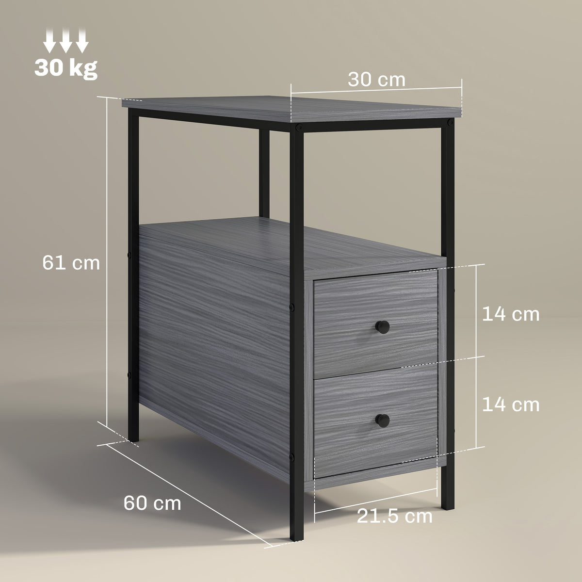 Grey wood-grain side table with two drawers and open shelf, shown with dimensions and 30 kg capacity