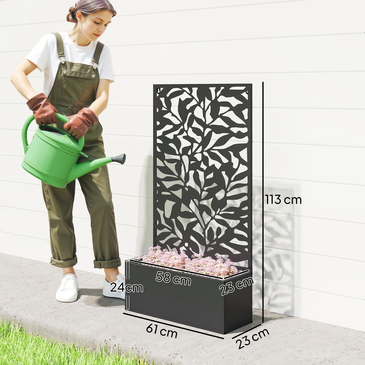 Raised metal planter with trellis, shown with dimensions of 61 by 23 by 113 cm
