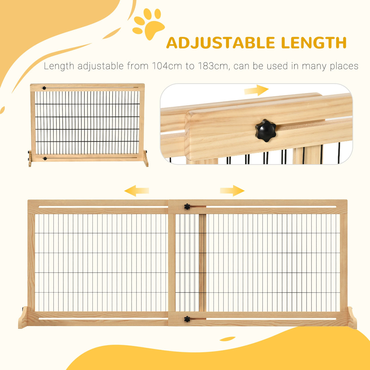 PawHut dog gate shown adjusting in length with a close-up of the locking knob