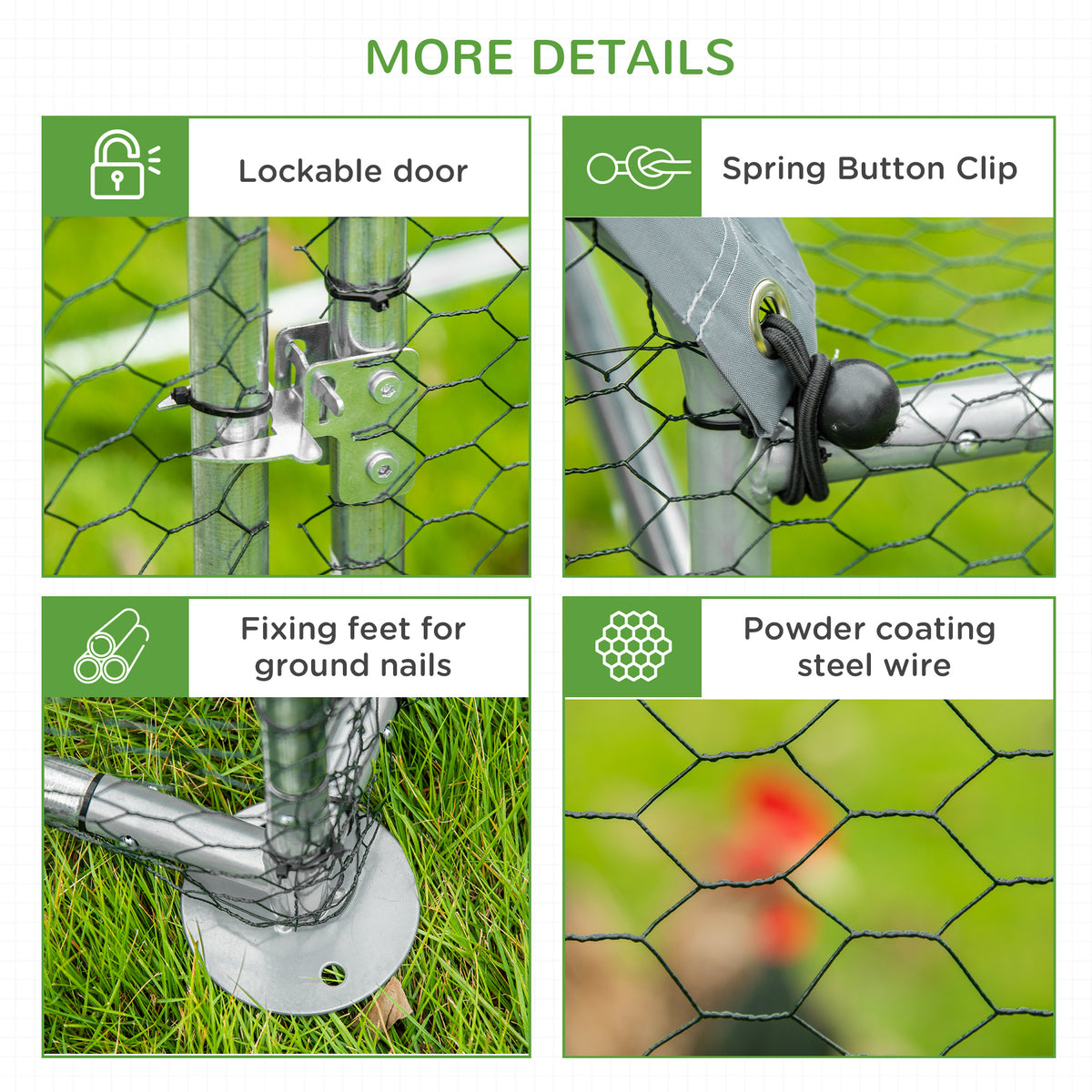 Chicken run details showing lockable door, spring clips, ground feet, and coated steel wire
