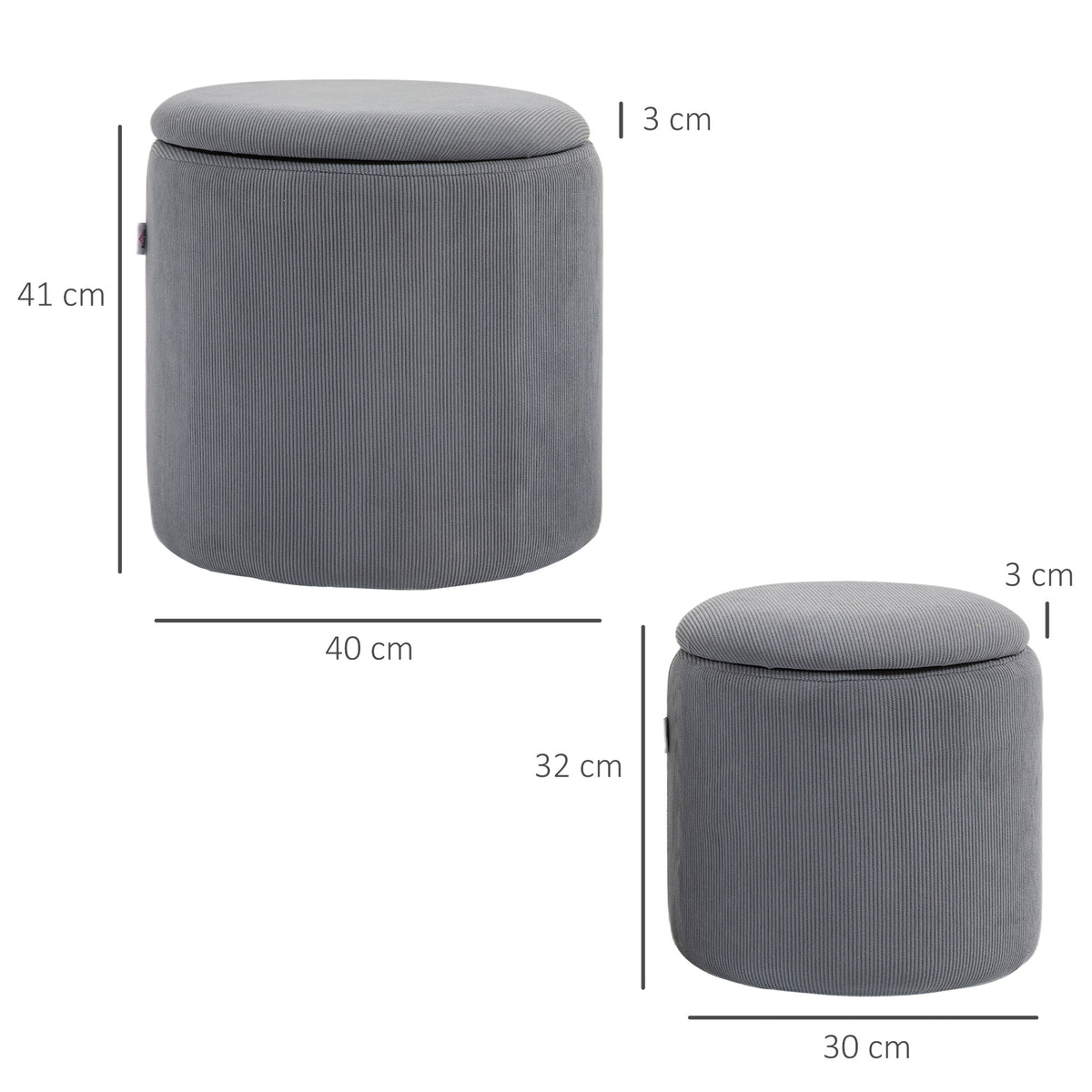 Grey corduroy storage ottomans with dimensions: 40 by 41 cm and 30 by 32 cm