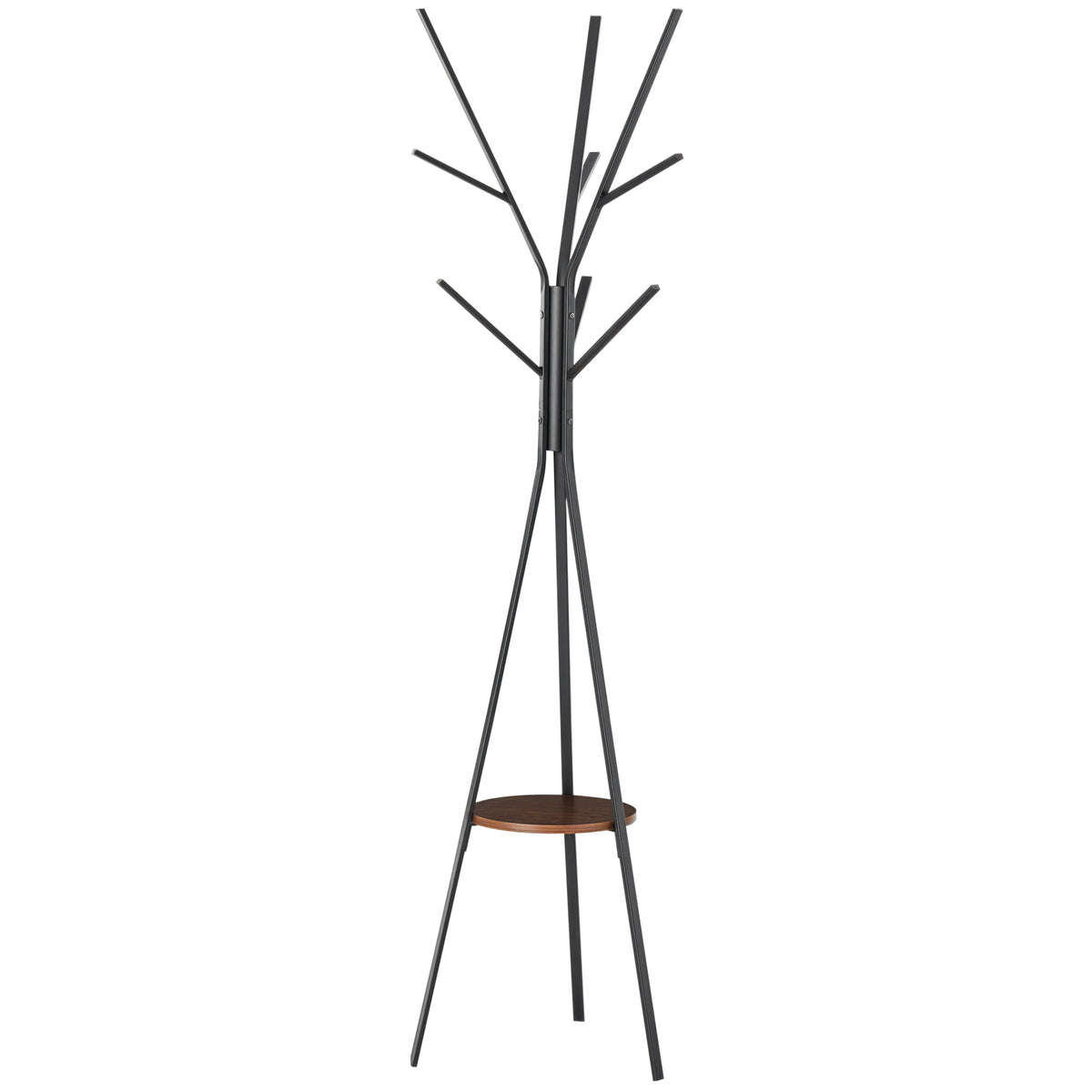 Black metal coat tree with branching hooks and a round brown shelf