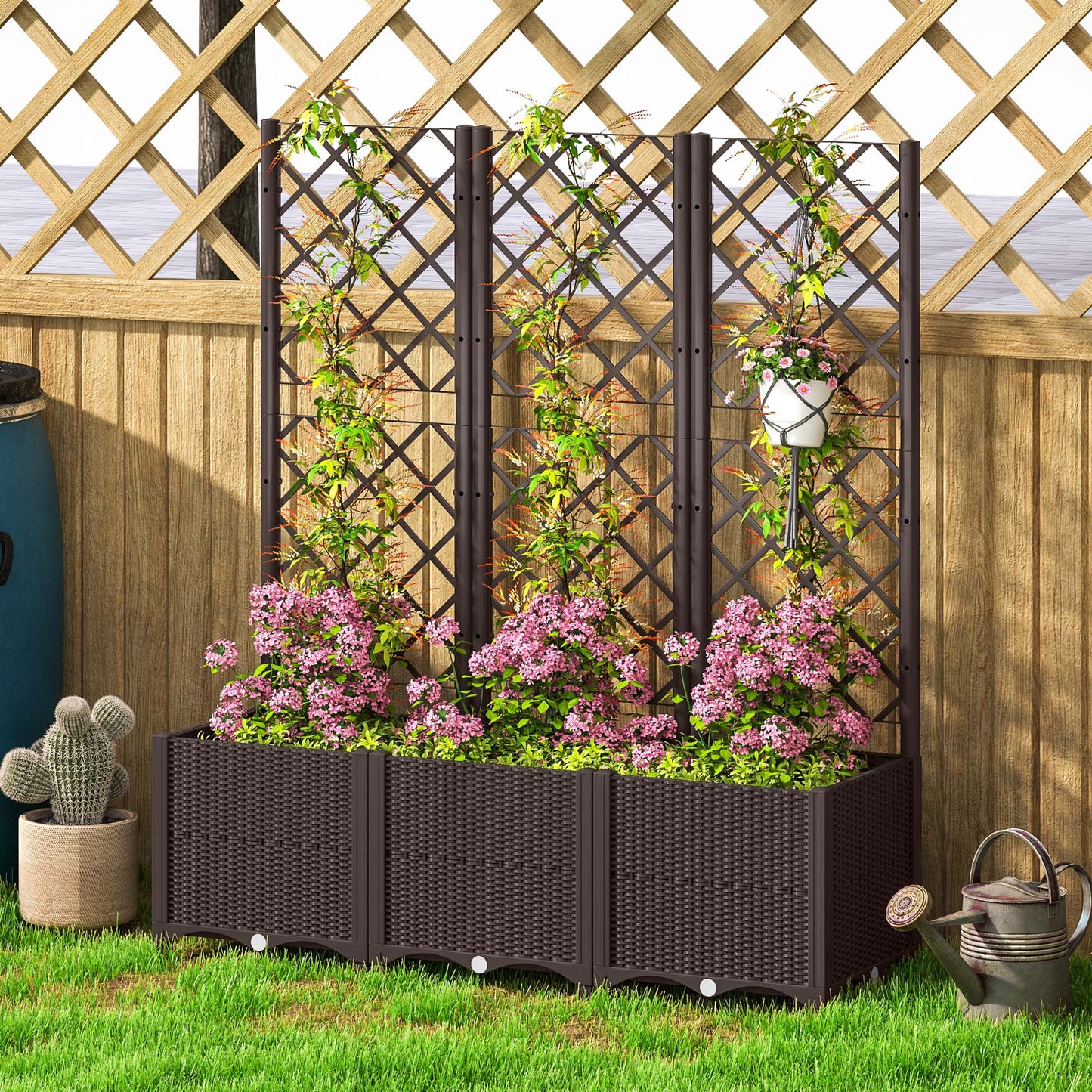 Outsunny Raised Garden Bed with Trellis, Plastic Planter Box with Drainage Holes, Drain Plugs and Water Reservoirs for Climbing Plants, Vegetables, Flowers, Brown