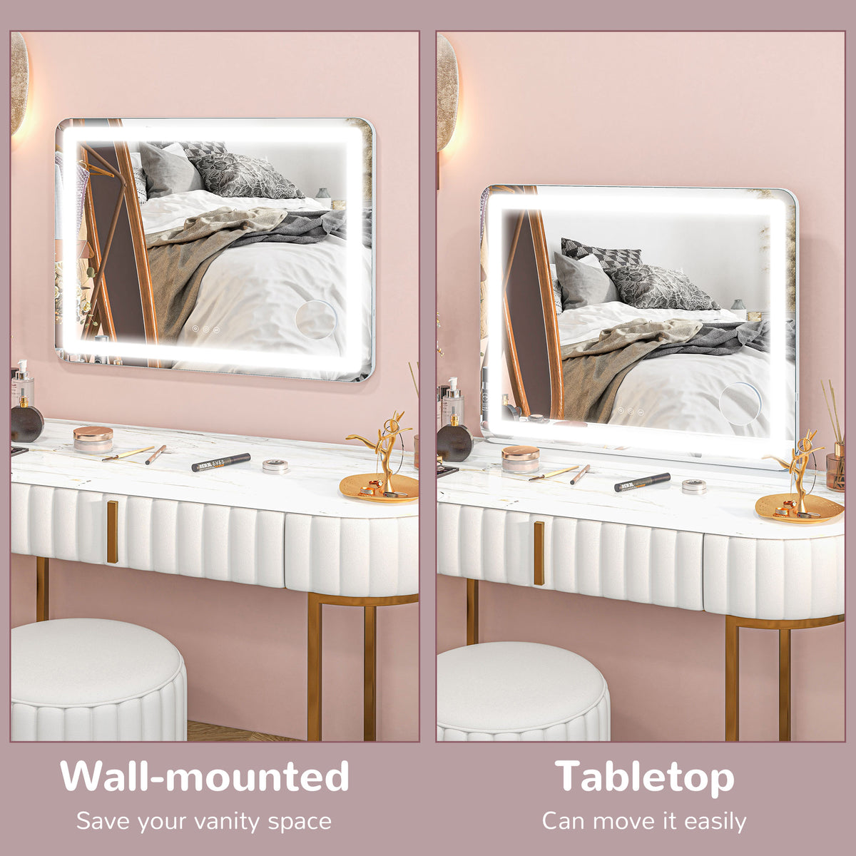 HOMCOM Vanity Mirror with Lights, Large 80x62 cm Lighted Makeup Mirror with 3 Colour, 10X Magnifying, USB Charging Port, Touch Screen, Tabletop or Wall Mounted Design, White