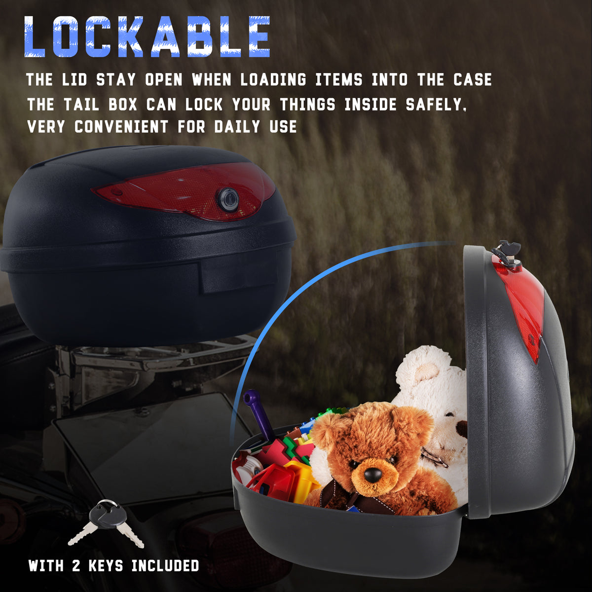 Motorcycle top box shown open with toys inside and two keys included