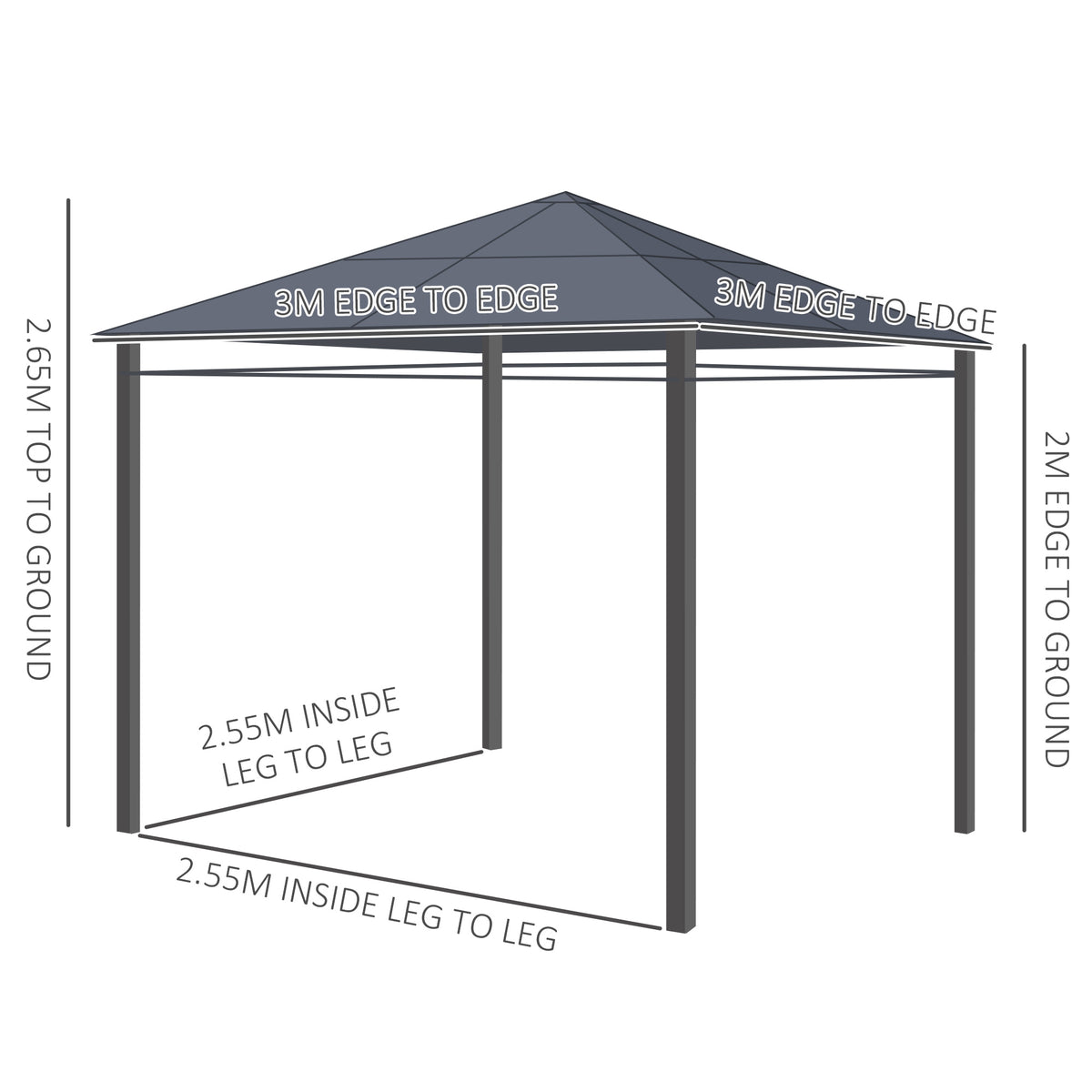 Outsunny 3 x 3 m hardtop gazebo frame with roof and dimension labels