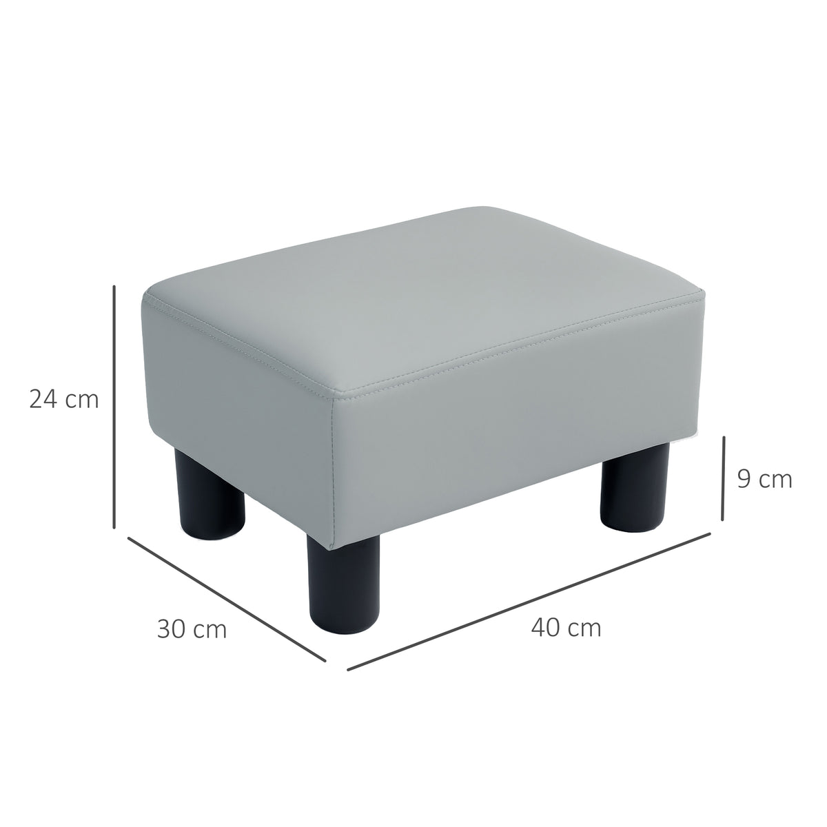 Grey PU leather footstool measuring 40 by 30 by 24 cm