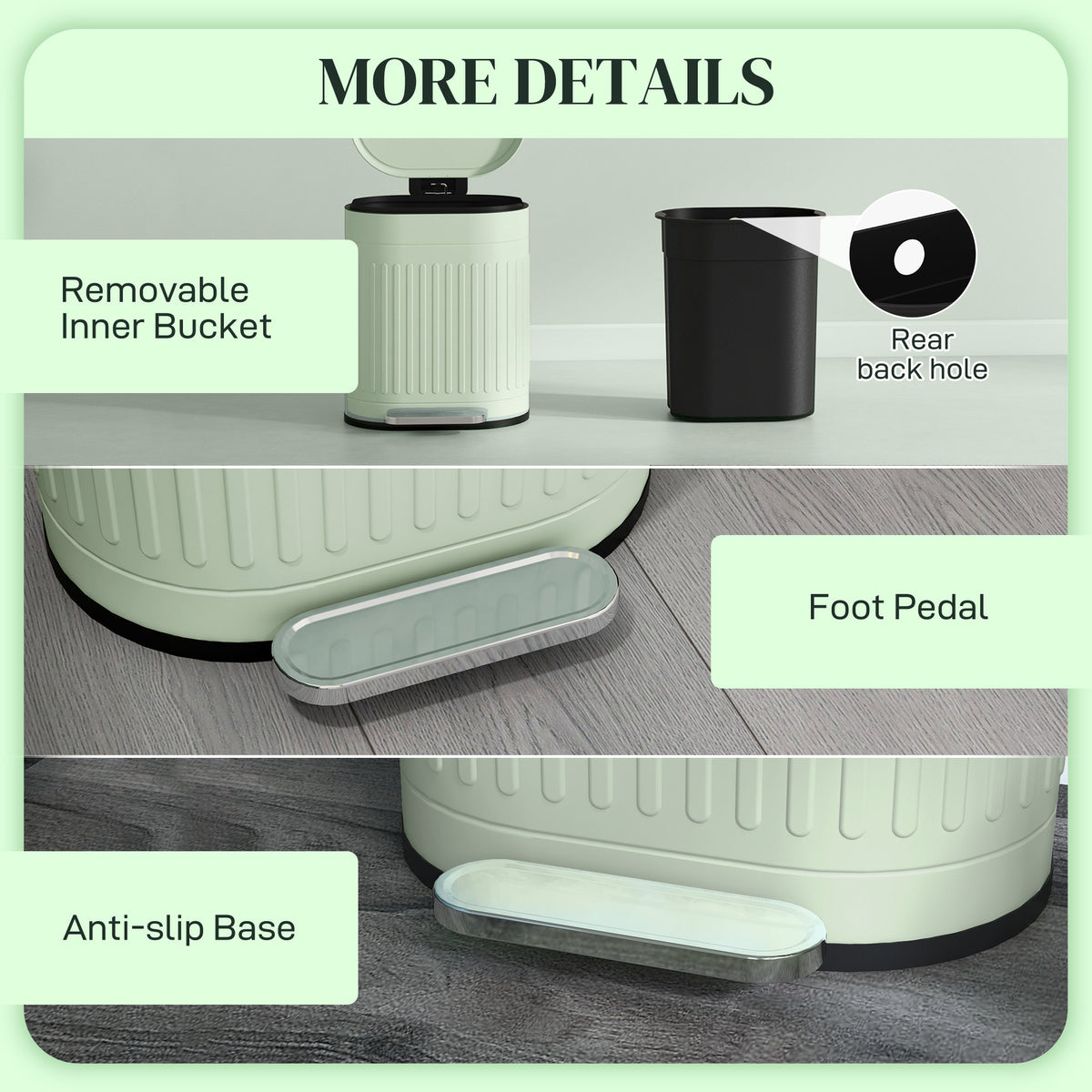 Light green kitchen bin details showing removable inner bucket, foot pedal and anti-slip base