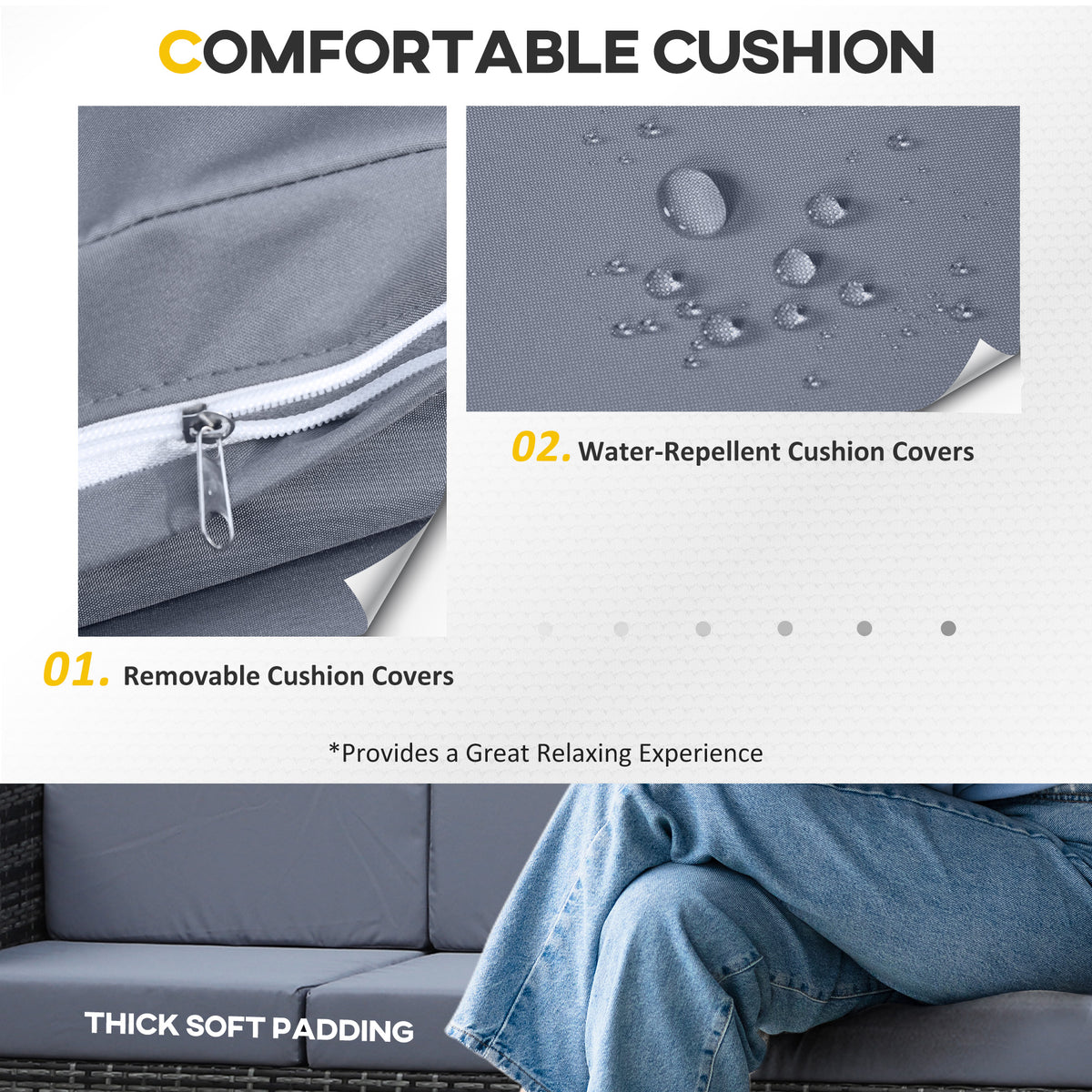 Grey sofa cushion details show a removable cover, zipper, water-repellent fabric, and thick padding.