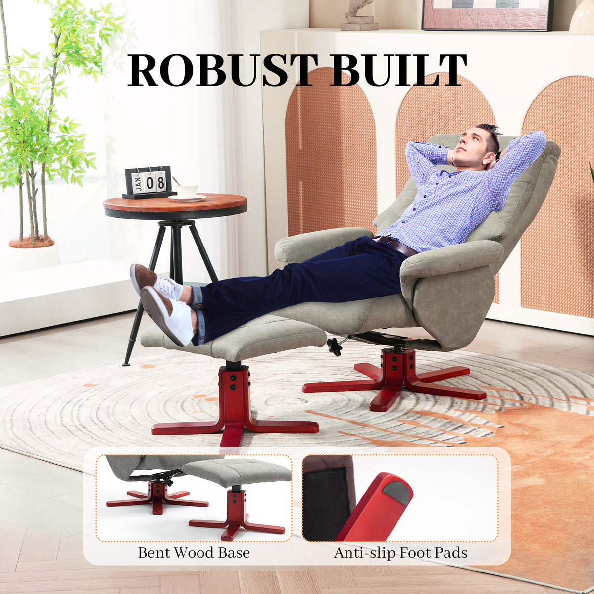 Grey manual recliner tilted back with footrest extended and wood-look swivel base