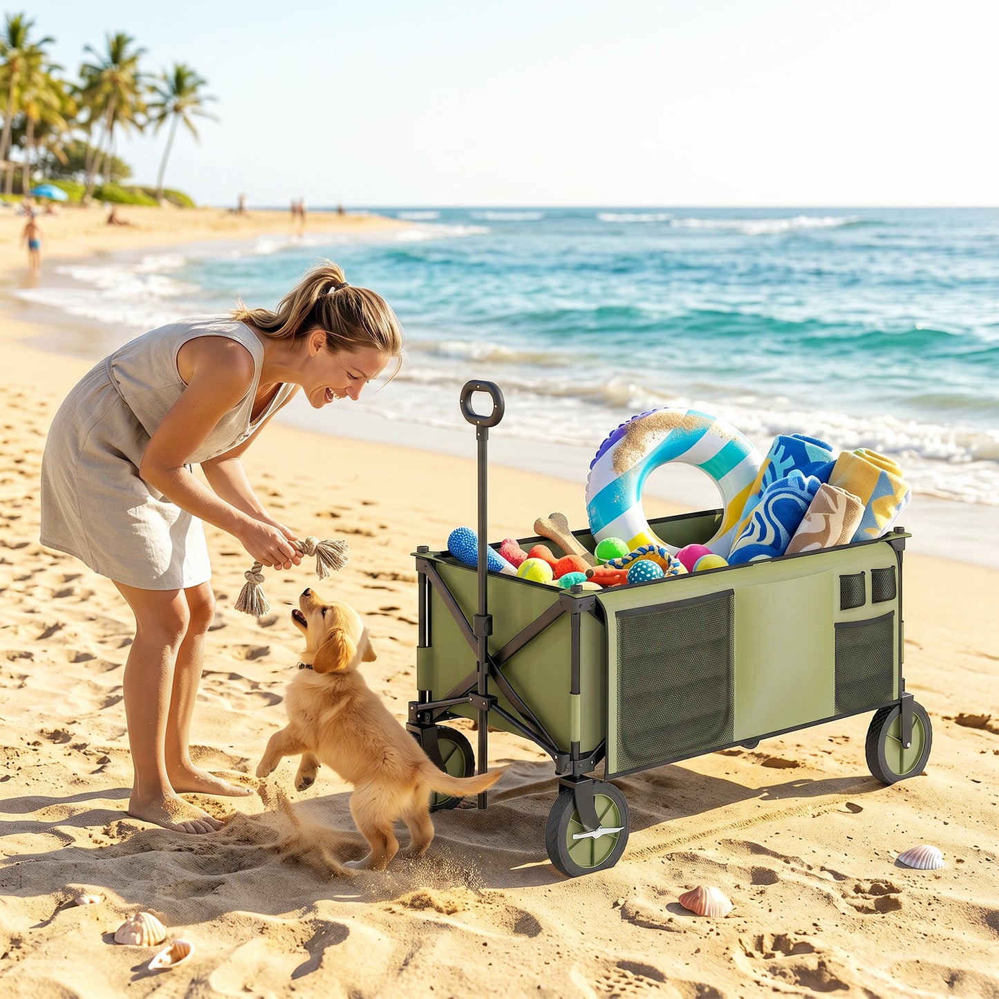 Outsunny 125L Festival Trolley on Wheels, Folding Wagon Camping Trolley Cart with Removable Cover, Side Pockets, Adjustable Handle, Portable Wagon Cart for Outdoor Garden Shopping Picnic, Green