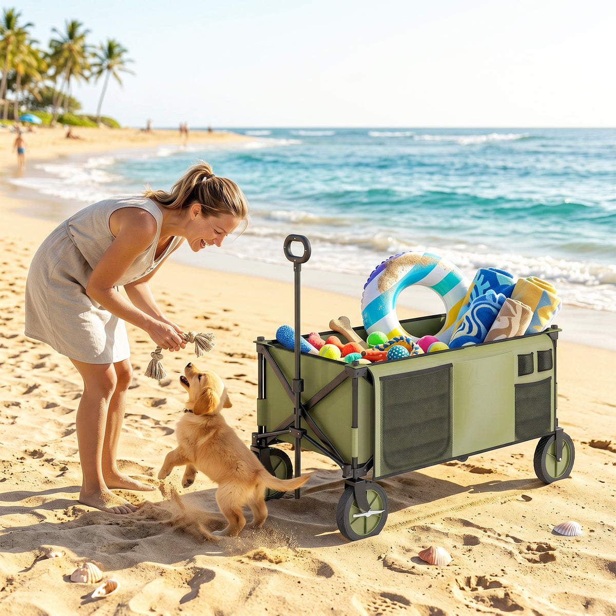 Outsunny 125L Festival Trolley on Wheels, Folding Wagon Camping Trolley Cart with Removable Cover, Side Pockets, Adjustable Handle, Portable Wagon Cart for Outdoor Garden Shopping Picnic, Green