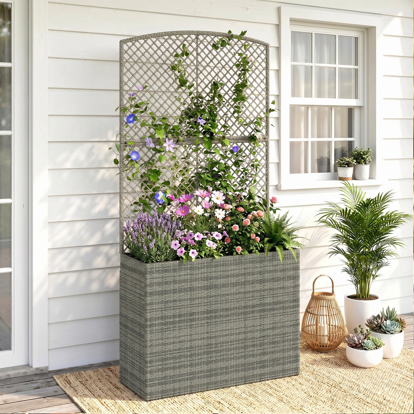 Outsunny Rattan Planter with Trellis, Raised Beds for Garden with Liner for Climbing Plants Vegetables Flowers, Dark Grey
