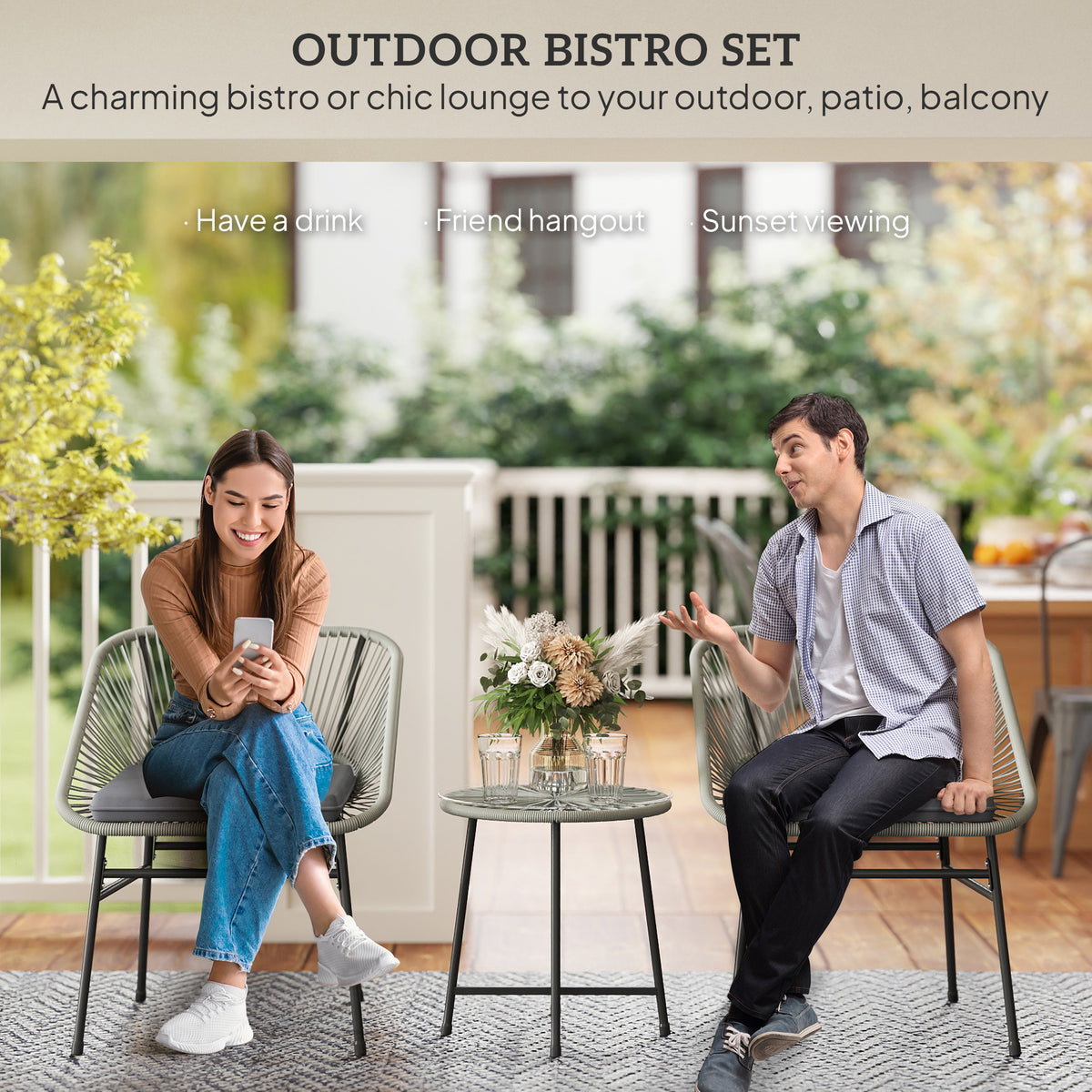 Light gray wicker bistro set with two cushioned chairs and round table