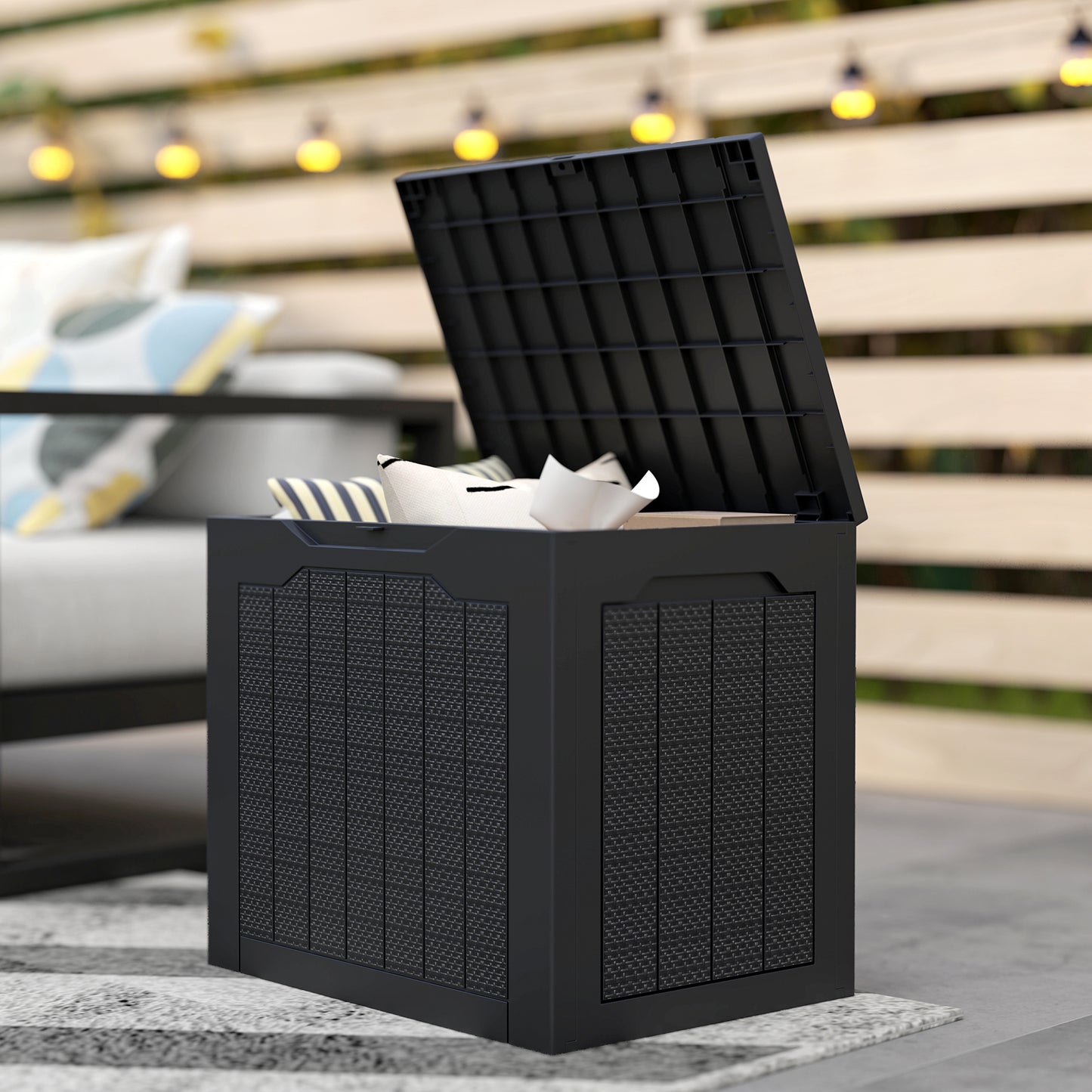 Outsunny 93L Plastic Garden Storage Box, Outdoor Storage Box with Handles, Waterproof Outdoor Storage Container, Black