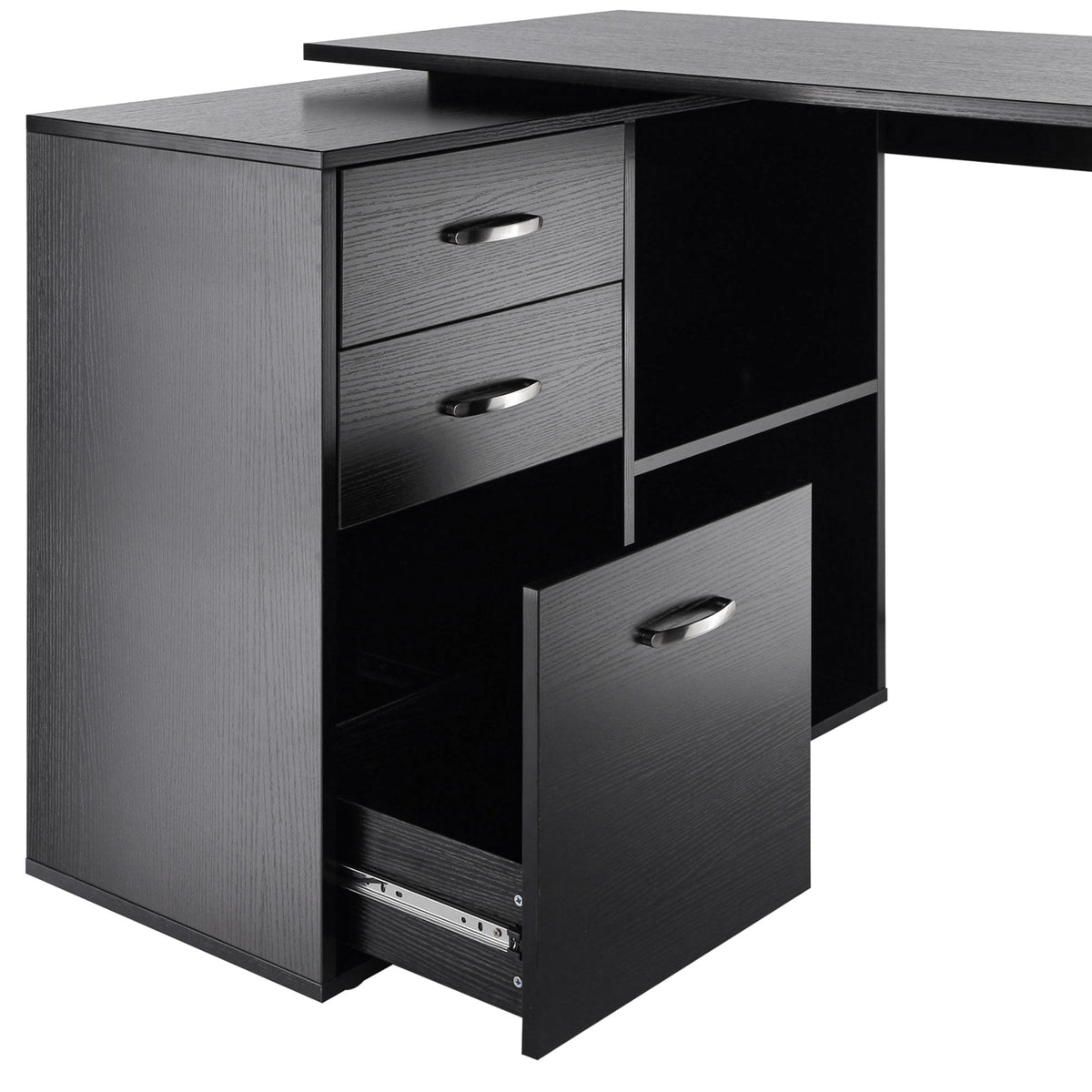 Close-up of black desk drawers, including one pulled open