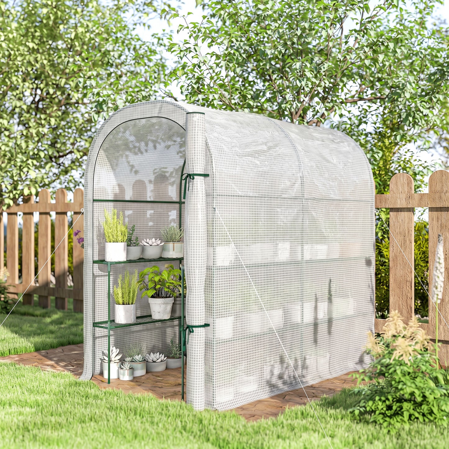 Outsunny Walk-in Greenhouse with Shelves, Small Greenhouse with PE Cover and Roll-up Door, 123 x 187 x 189 cm, White
