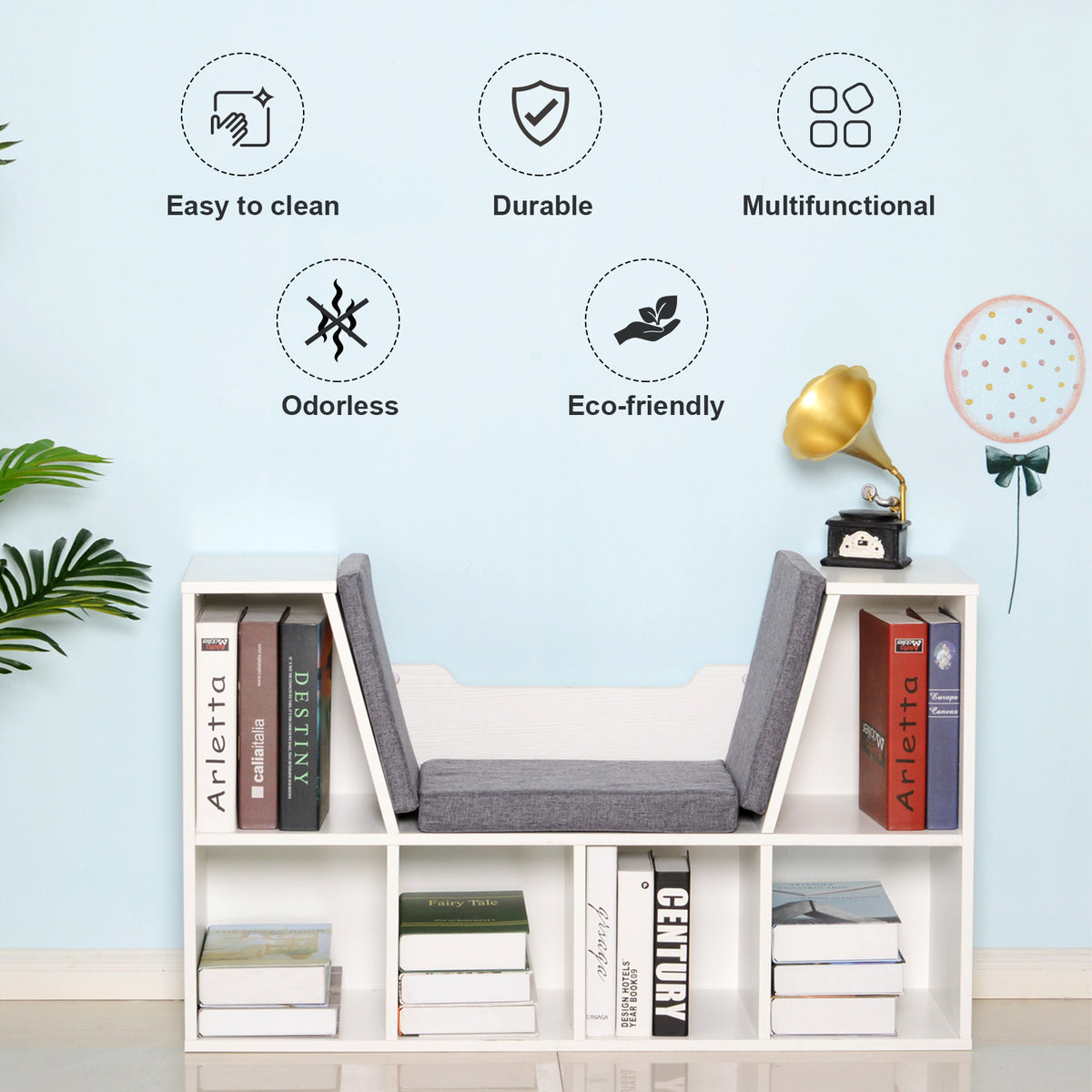HOMCOM Bookcase Storage Shelf with Cushioned Reading Seat, Cube Bookshelf Organizer for Bedroom Living Room, White