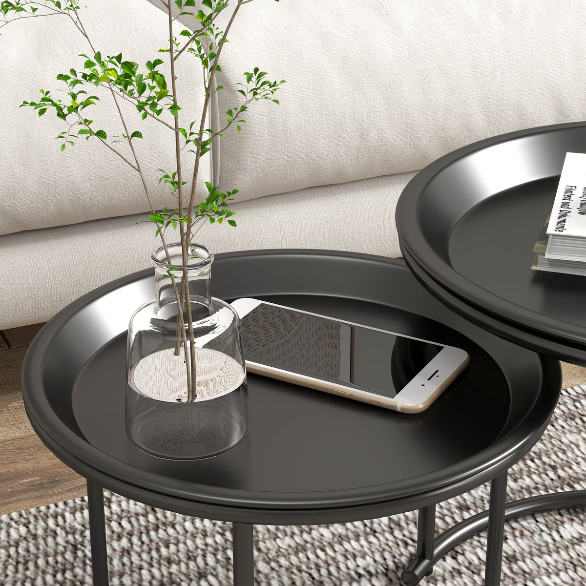HOMCOM Nesting Tables Set of 2, Side End Table with Removable Tabletop Tray and Steel Frame for Living Room, Bedroom, Black
