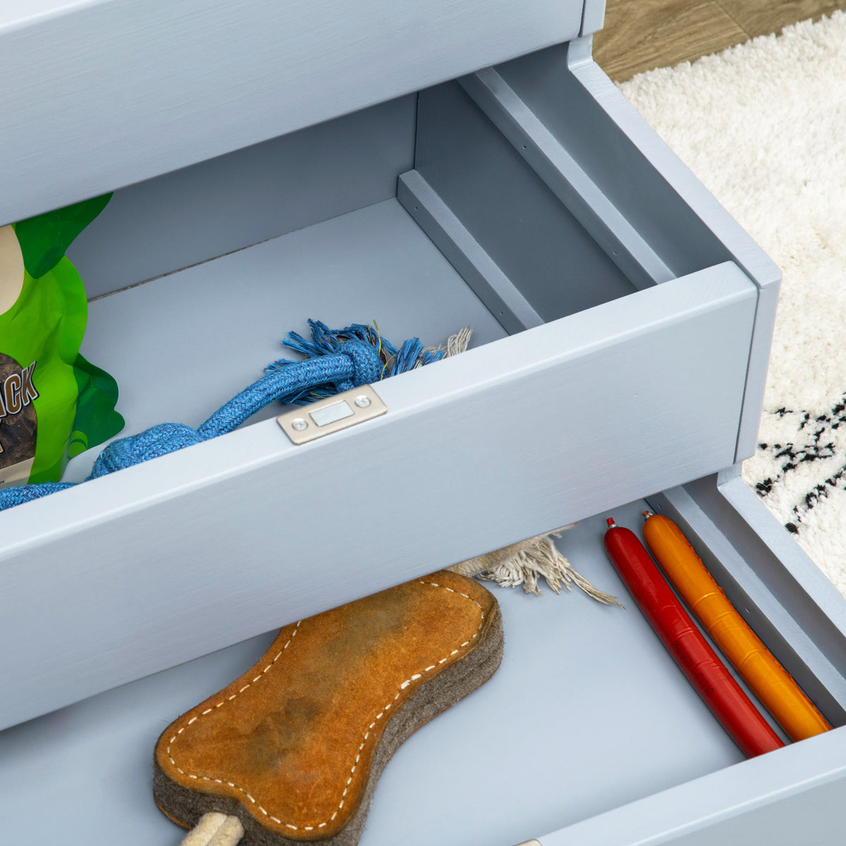 PawHut pet stair storage drawers shown open with toys inside