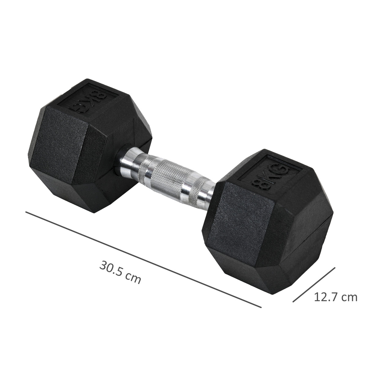Black hex dumbbell with chrome handle, 30.5 cm long and 12.7 cm wide