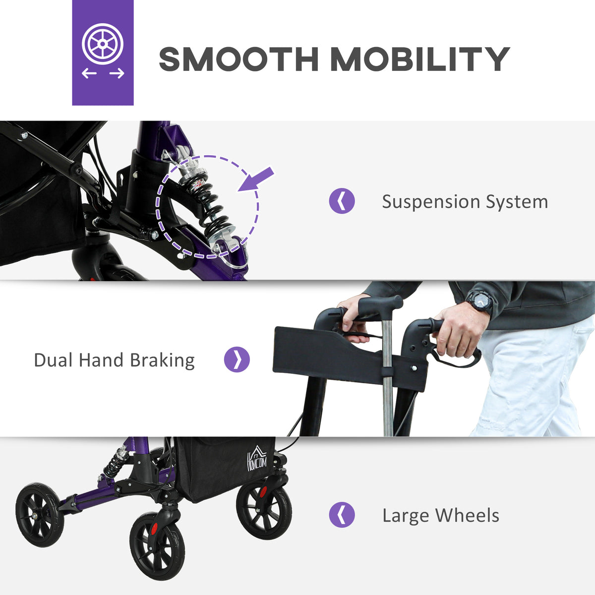 Purple rollator walker features suspension, dual hand brakes and large wheels