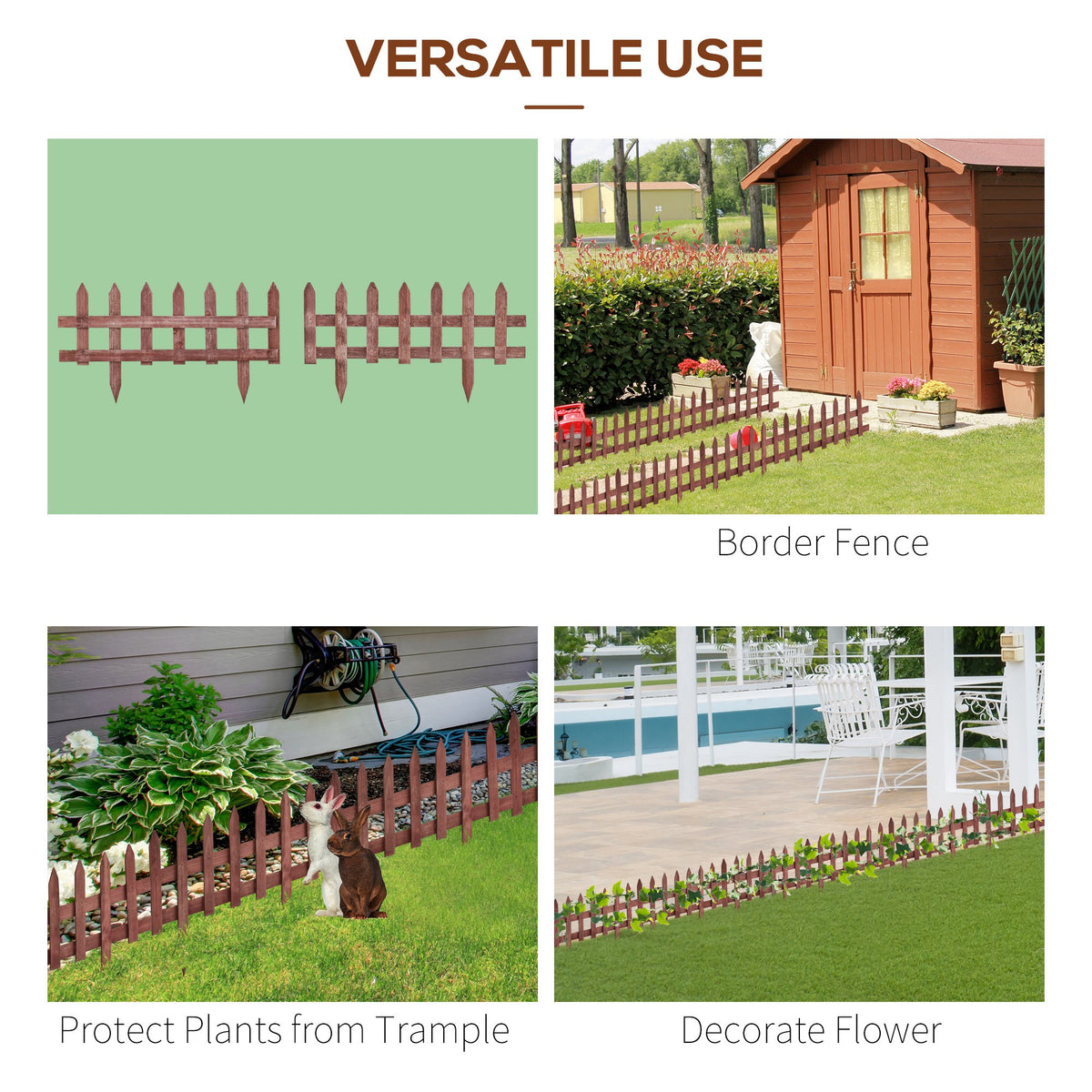Wooden garden fence sections shown bordering a lawn, protecting plants, and edging a flower bed.