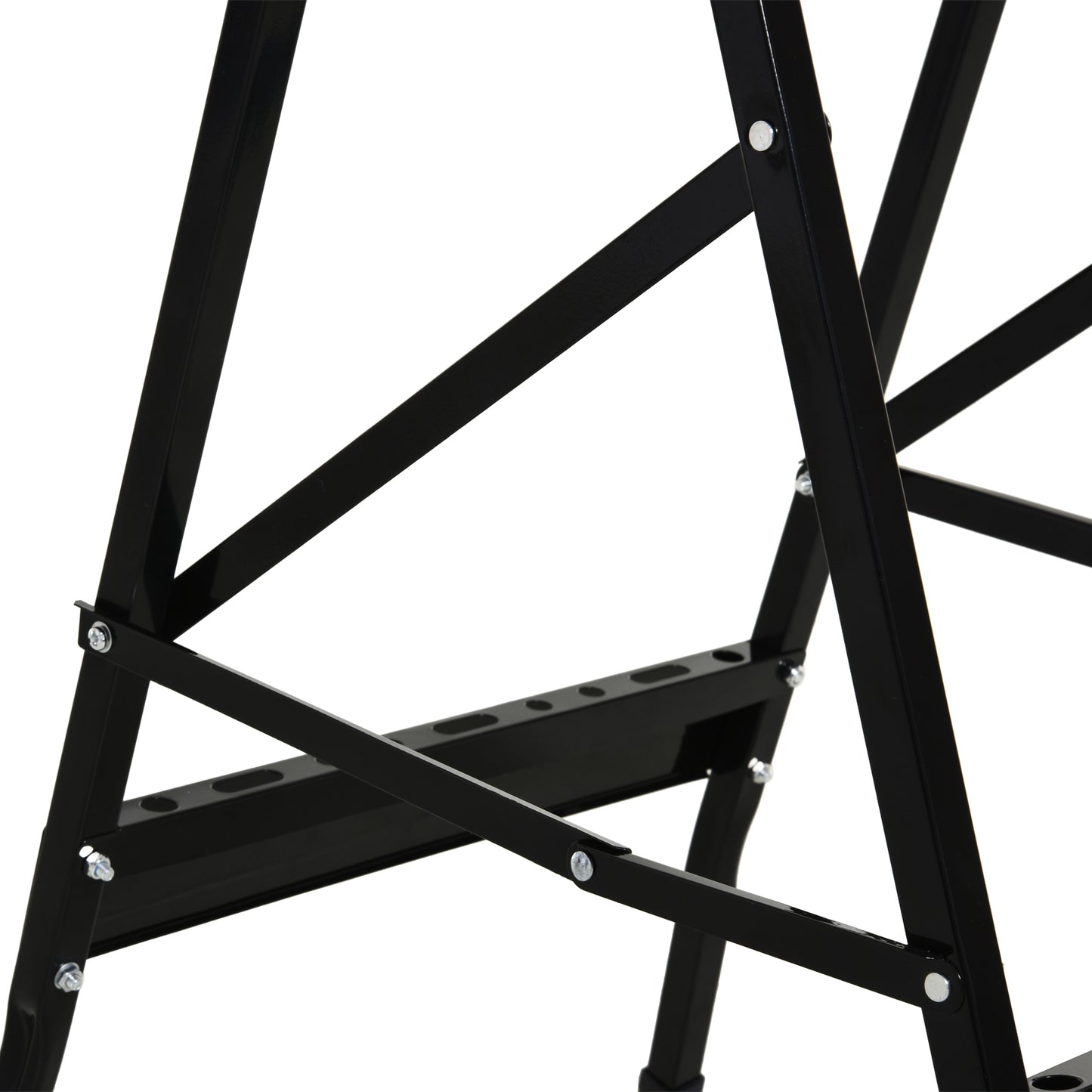 DURHAND workbench detail of black metal frame, cross braces, and perforated support bar