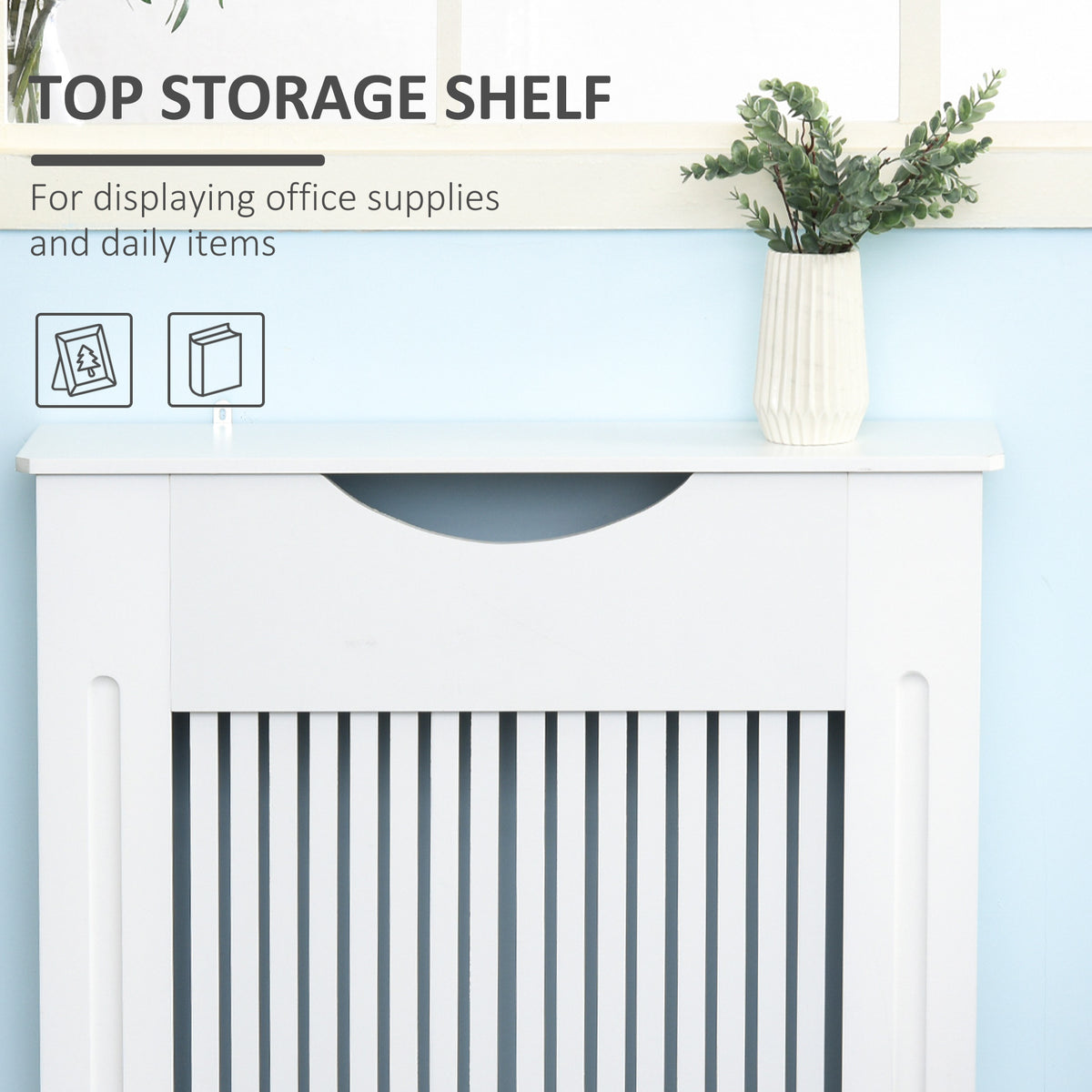White radiator cover cabinet with vertical slats and a top display shelf