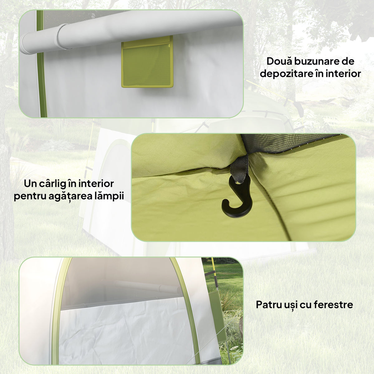 Outsunny Instant Pop Up Camping Tent, 3 Man Dome Tent with 4 Doors, Sewn-in Groundsheet, Carry Bag and Top Hook for Fishing Hiking Festival, Green