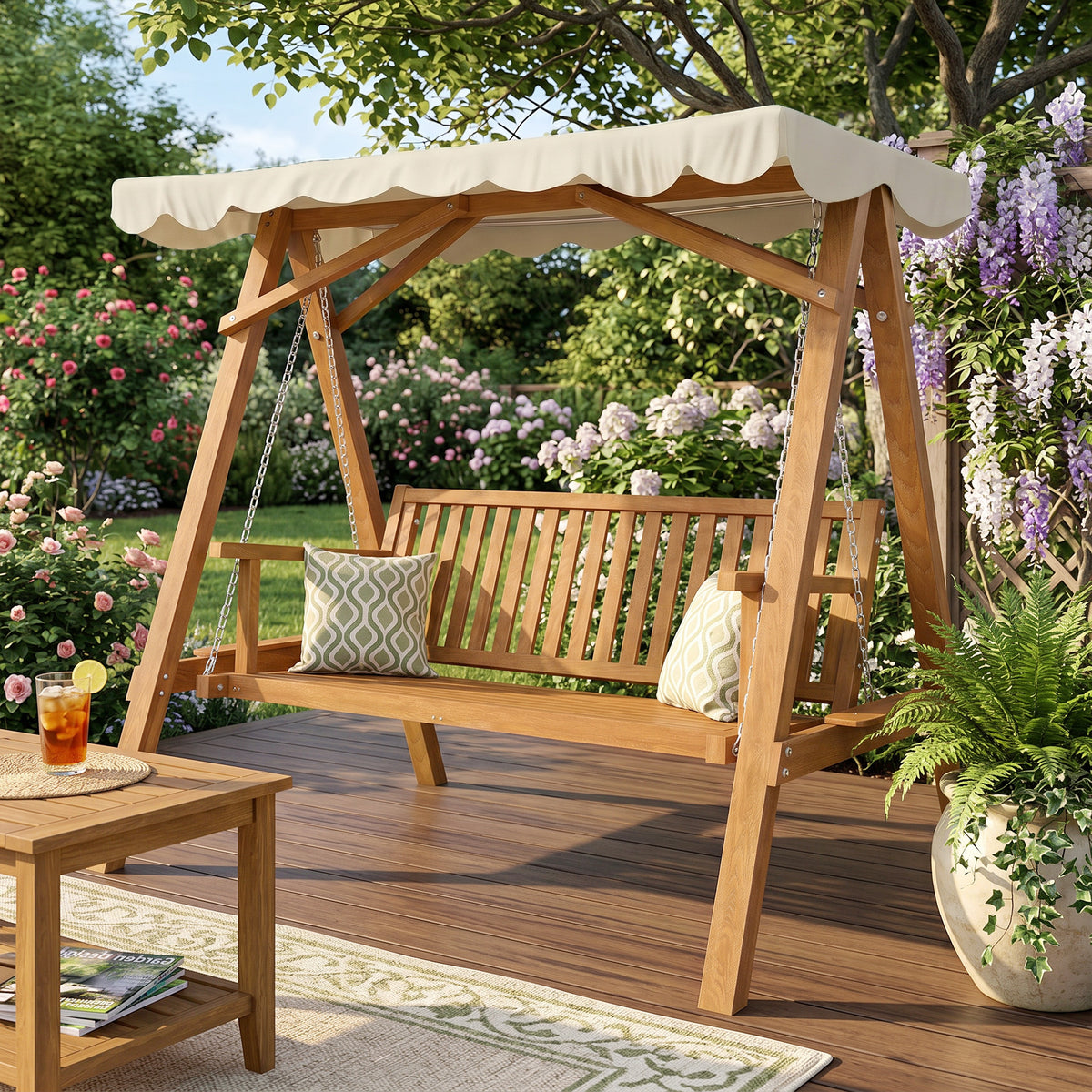 Outsunny 3 Seater Garden Swing Seat with Canopy, Wooden Swing Chair, Outdoor Hammock Bench for Balcony Patio Porch, Cream White
