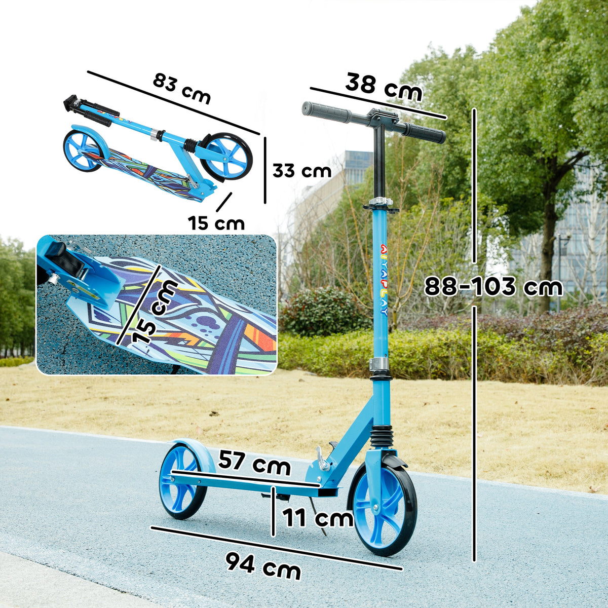 Blue kids' scooter with graphic deck and adjustable handlebar, shown with dimensions.