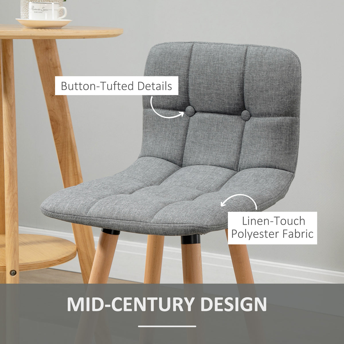 Close-up of a gray button-tufted stool seat in textured polyester fabric