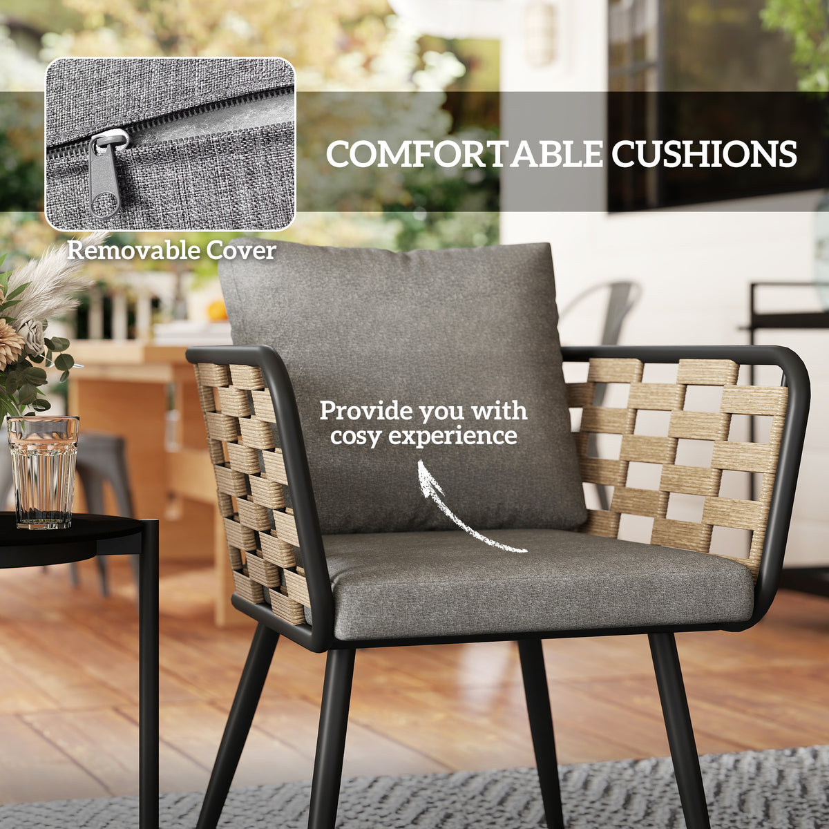 Outsunny 3 Pieces Rattan Bistro Set with Washable Seat and Back Cushions, Glass Top Coffee Table, for Outdoor, Patio, Black