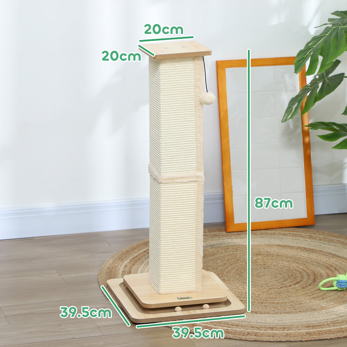 PawHut 87 cm cat scratching post with 39.5 cm square base and hanging toy ball