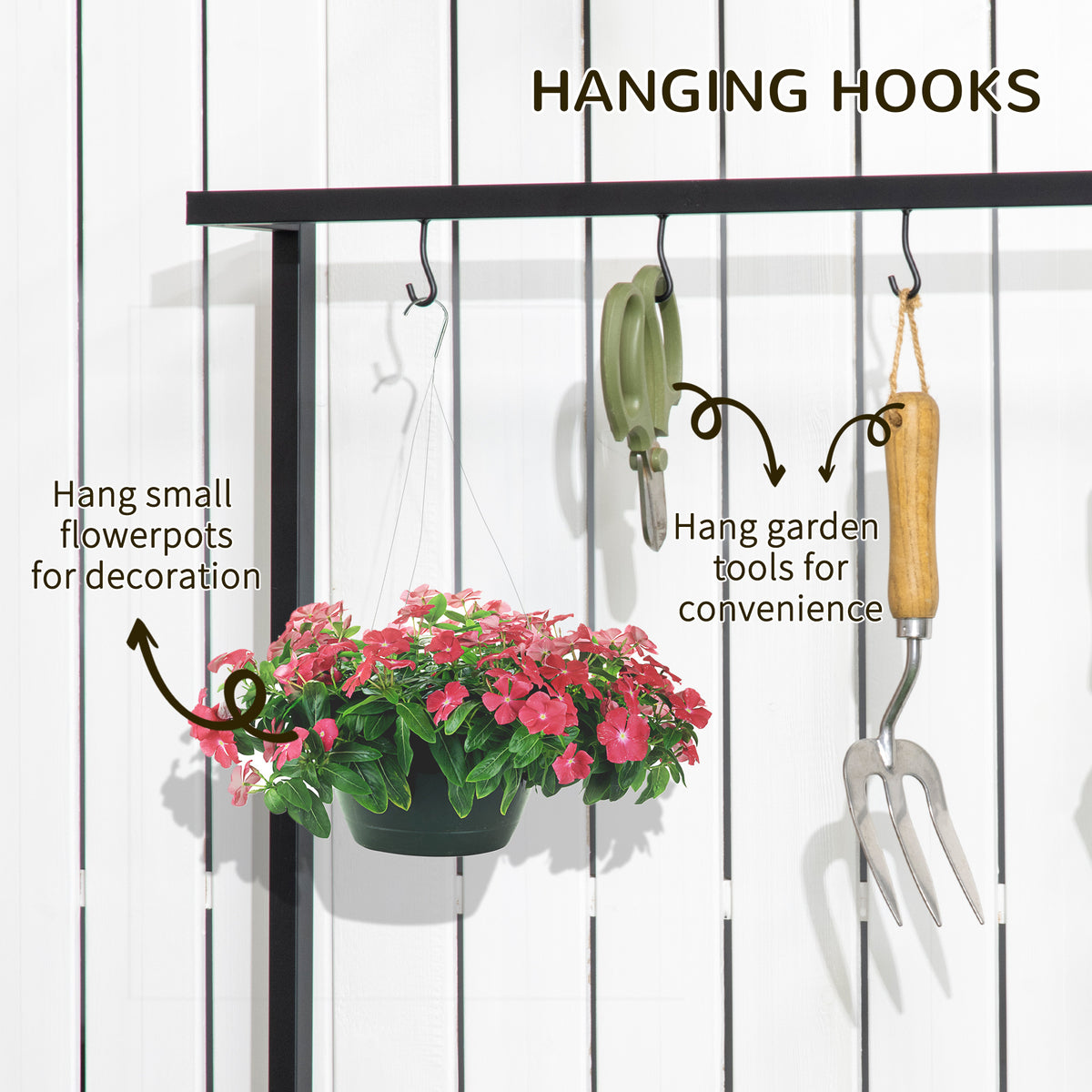 Plant stand hooks holding a hanging flowerpot and garden tools