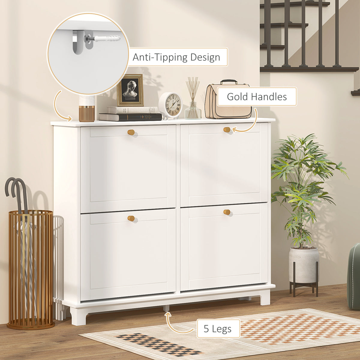 White shoe cabinet with gold handles, five legs, and anti-tip wall hardware