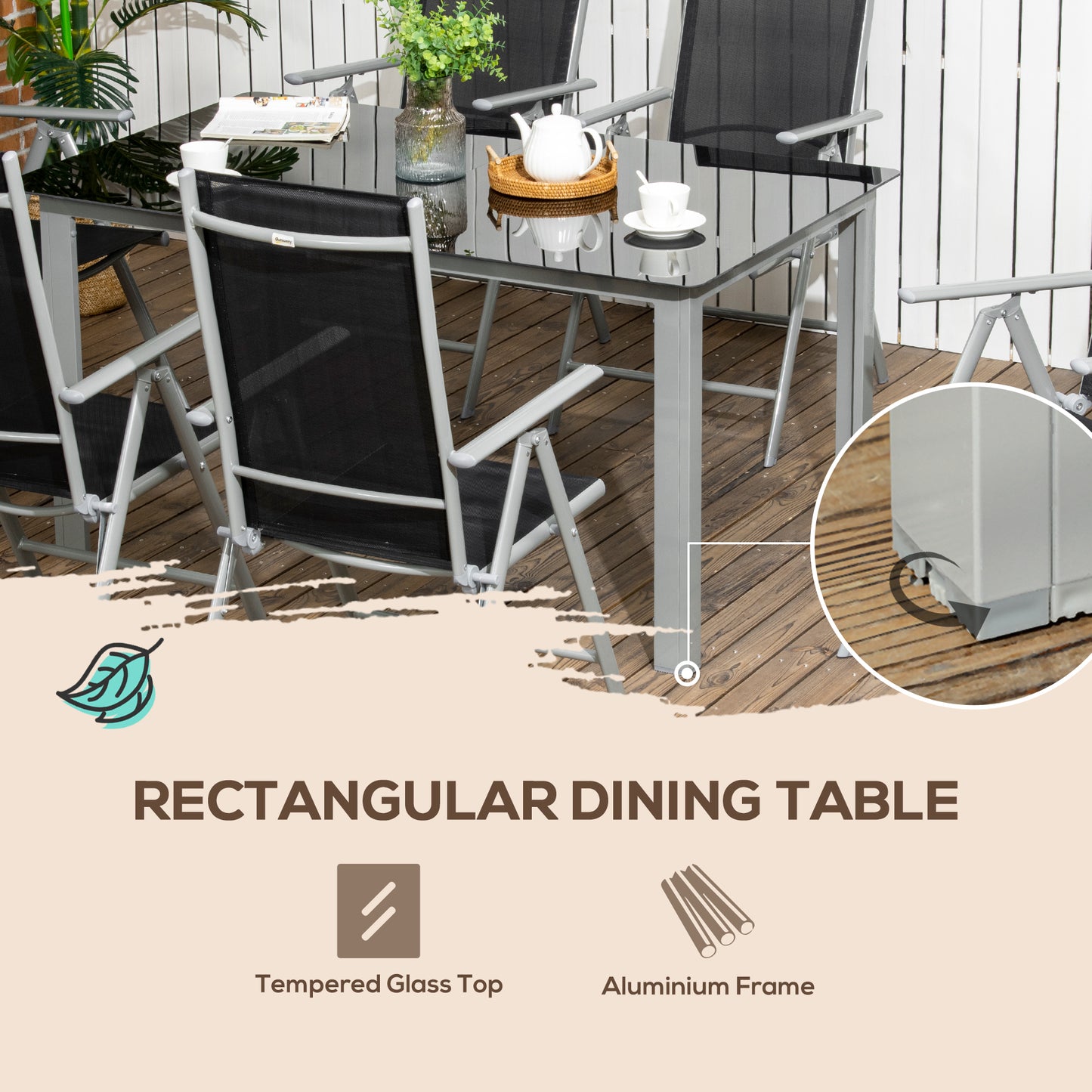 Outsunny 7 Piece Garden Dining Set, Outdoor Table and 6 Folding and Reclining Chairs, Aluminium Frame, Tempered Glass Top Table, Texteline Seats, Black