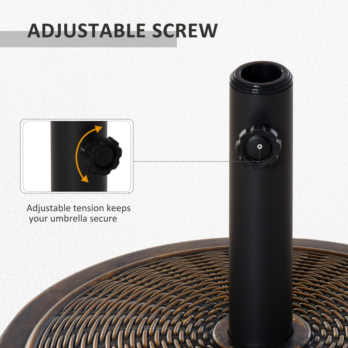 Black parasol base pole with adjustable tightening screw and woven circular base