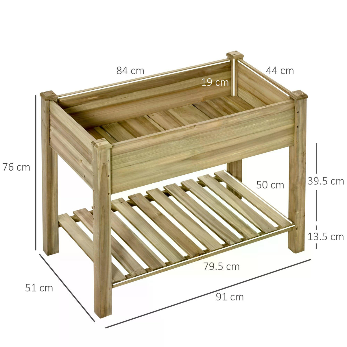 Raised wooden planter with slatted storage shelf and dimensions of 91 by 51 by 76 cm